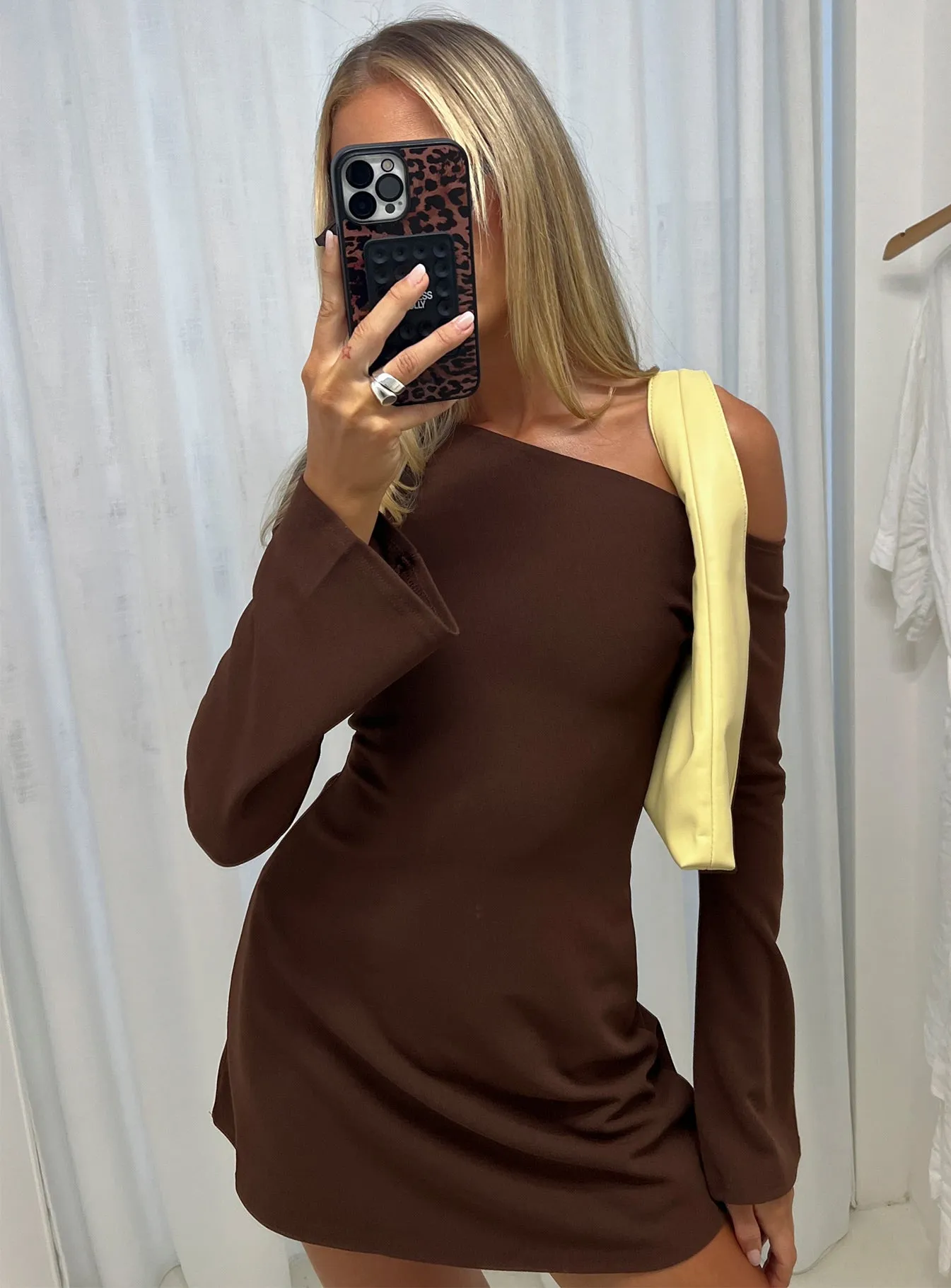 Adrietta Long Sleeve Off Shoulder Knit Mini Dress Brown sold by Princess Polly