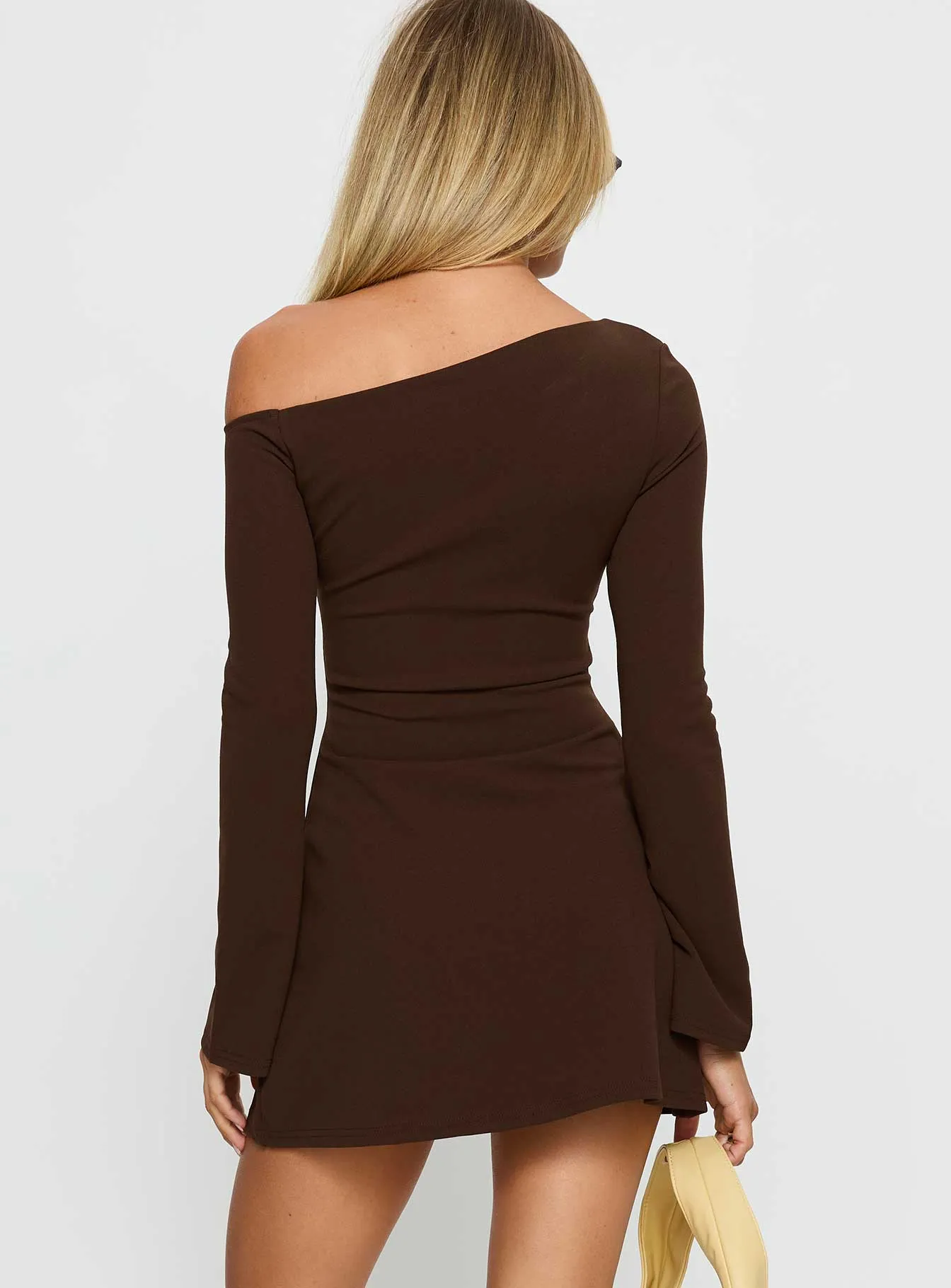 Adrietta Long Sleeve Off Shoulder Knit Mini Dress Brown sold by Princess Polly product image thumbnail 5