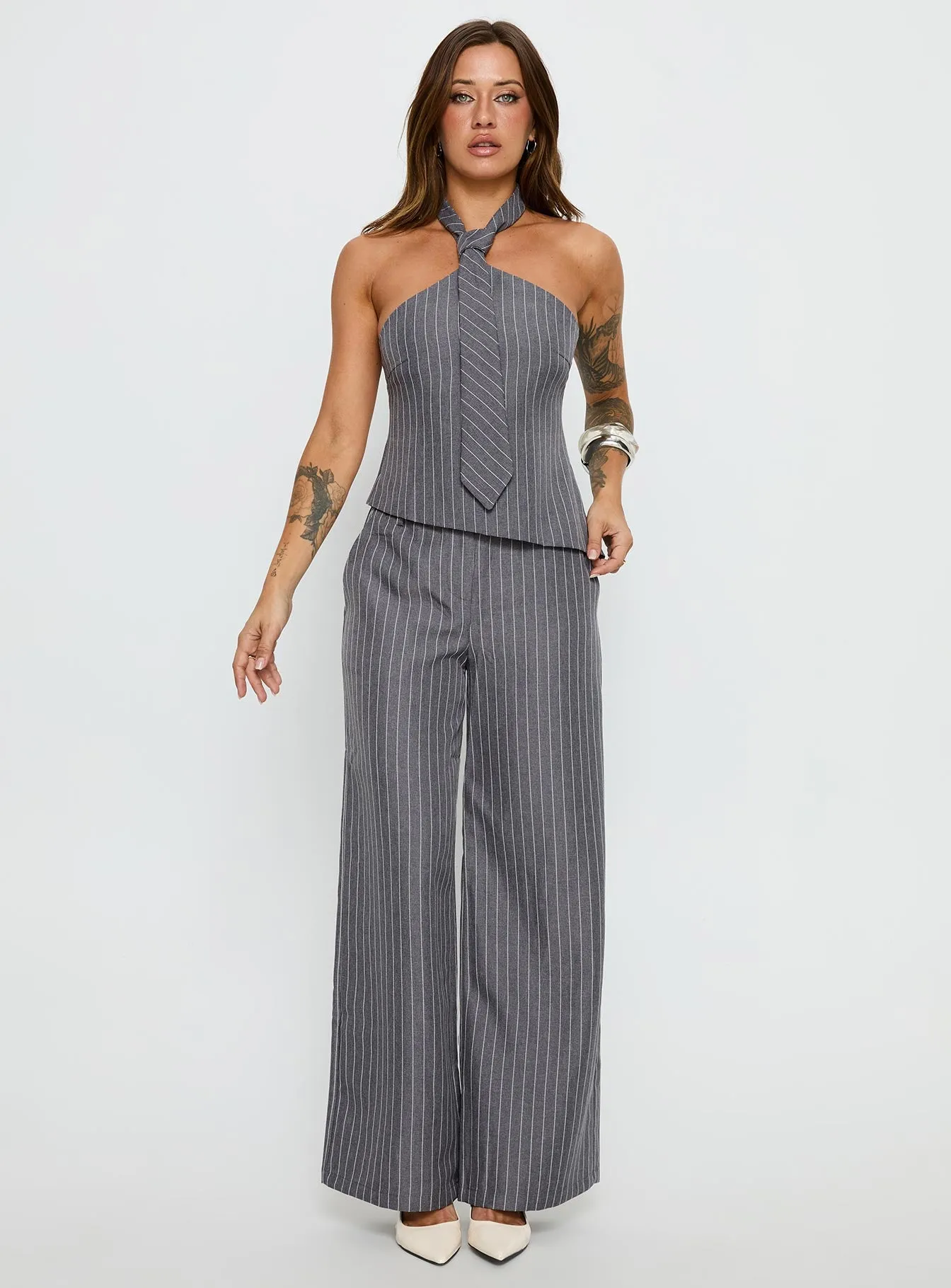 Uvelia Tie Detail Top Grey Pinstripe sold by Princess Polly product image thumbnail 3