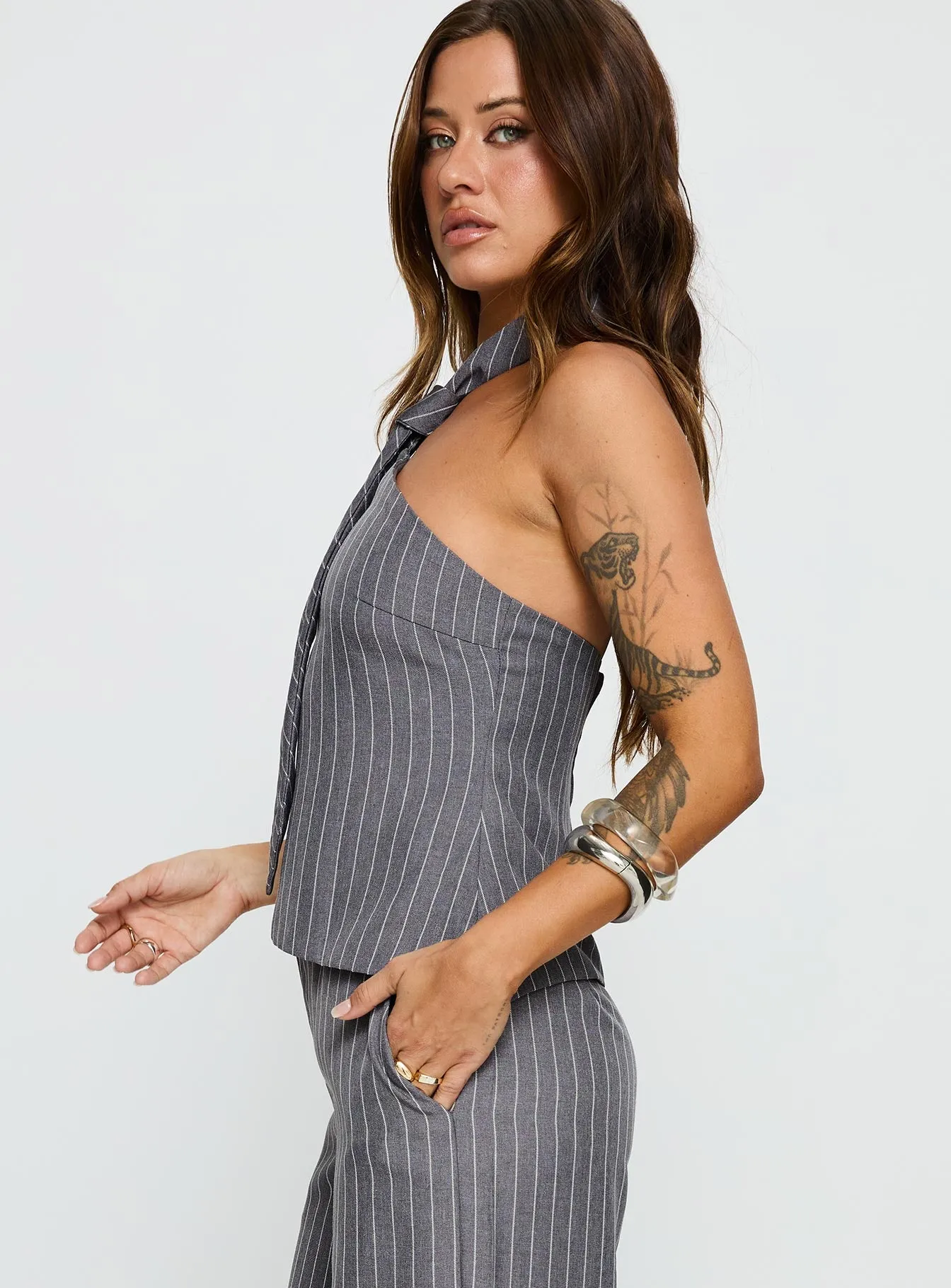 Uvelia Tie Detail Top Grey Pinstripe sold by Princess Polly product image thumbnail 4
