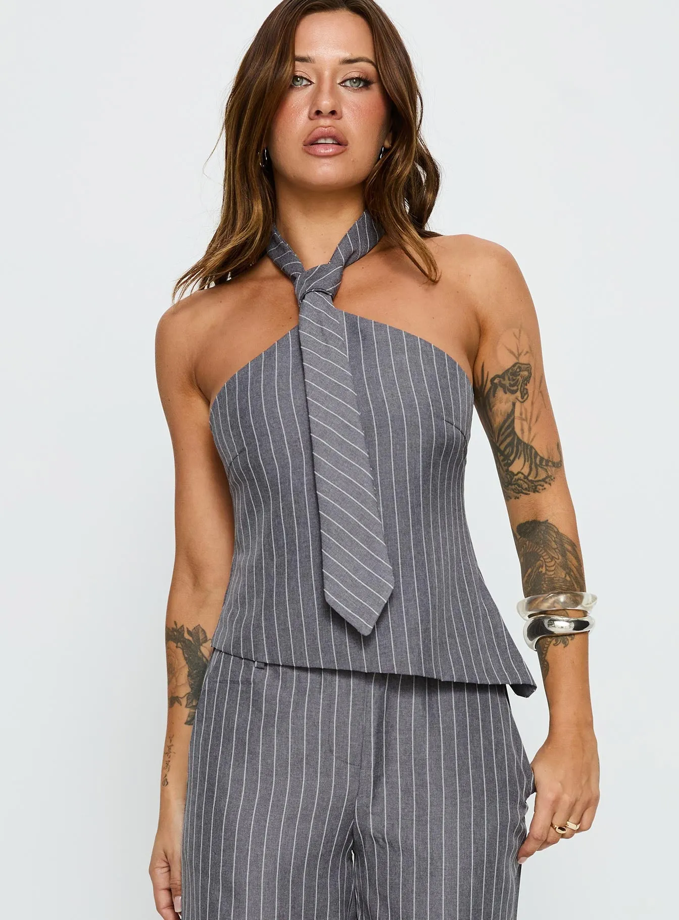 Uvelia Tie Detail Top Grey Pinstripe sold by Princess Polly product image thumbnail 2