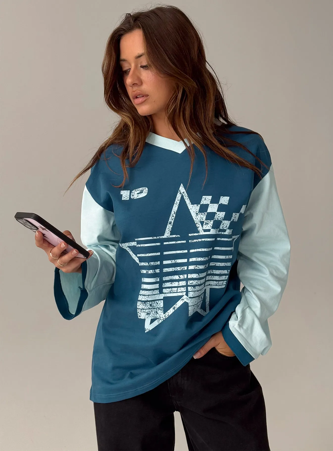 Starletta Long Sleeve Moto Top Blue sold by Princess Polly