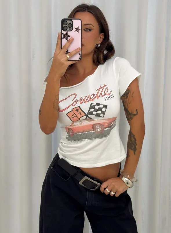 Corvette 1963 Off Shoulder Graphic Top White sold by Princess Polly