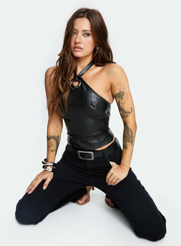 Treat You Better Ring Detail Faux Leather Top Black sold by Princess Polly