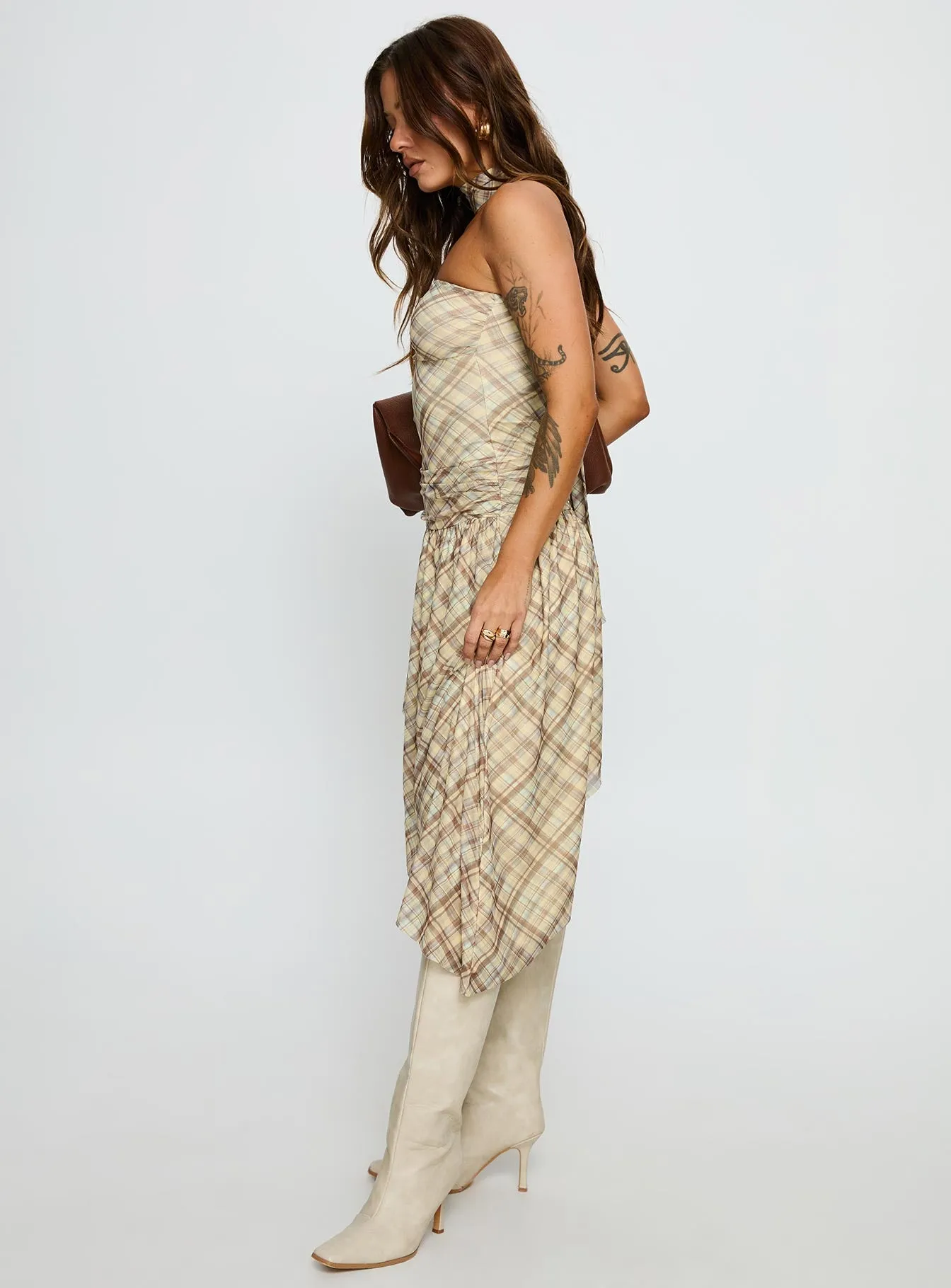 Cambria Strapless Scarf Midi Dress Yellow Check sold by Princess Polly product image thumbnail 4