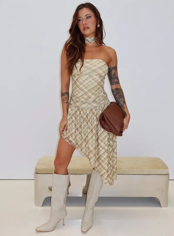 Cambria Strapless Scarf Midi Dress Yellow Check sold by Princess Polly