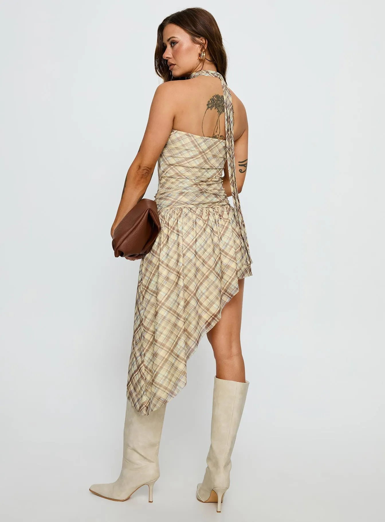 Cambria Strapless Scarf Midi Dress Yellow Check sold by Princess Polly product image thumbnail 5