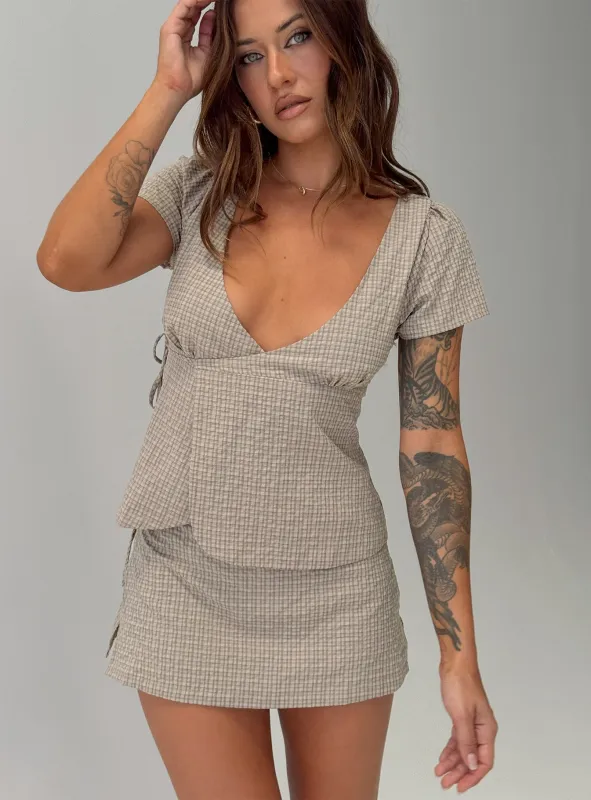 Emmilou Wrap Set Brown Check sold by Princess Polly