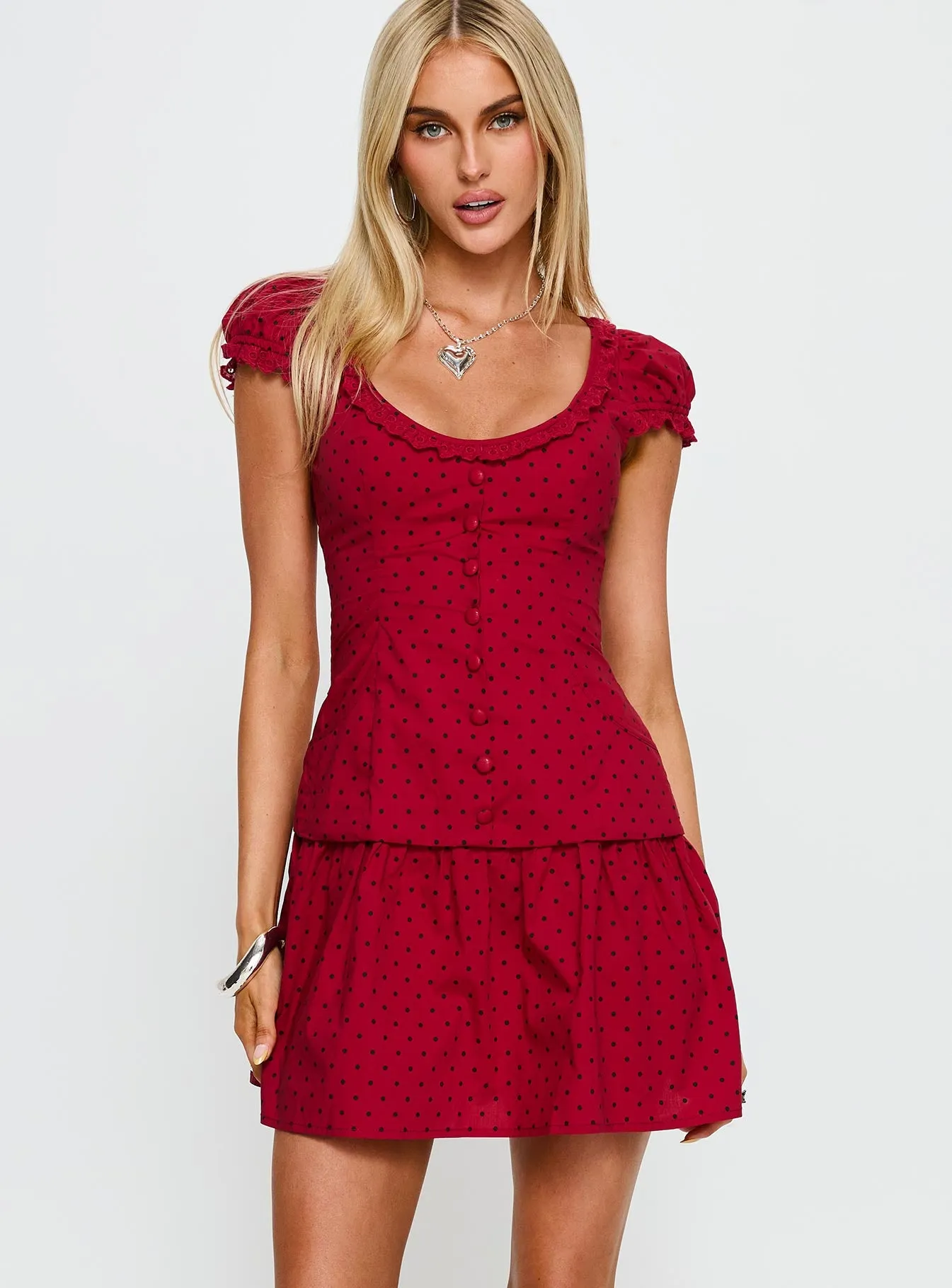 Ottillie Lace Trim Button Down Mini Dress Red Polka Dot sold by Princess Polly product image thumbnail 2