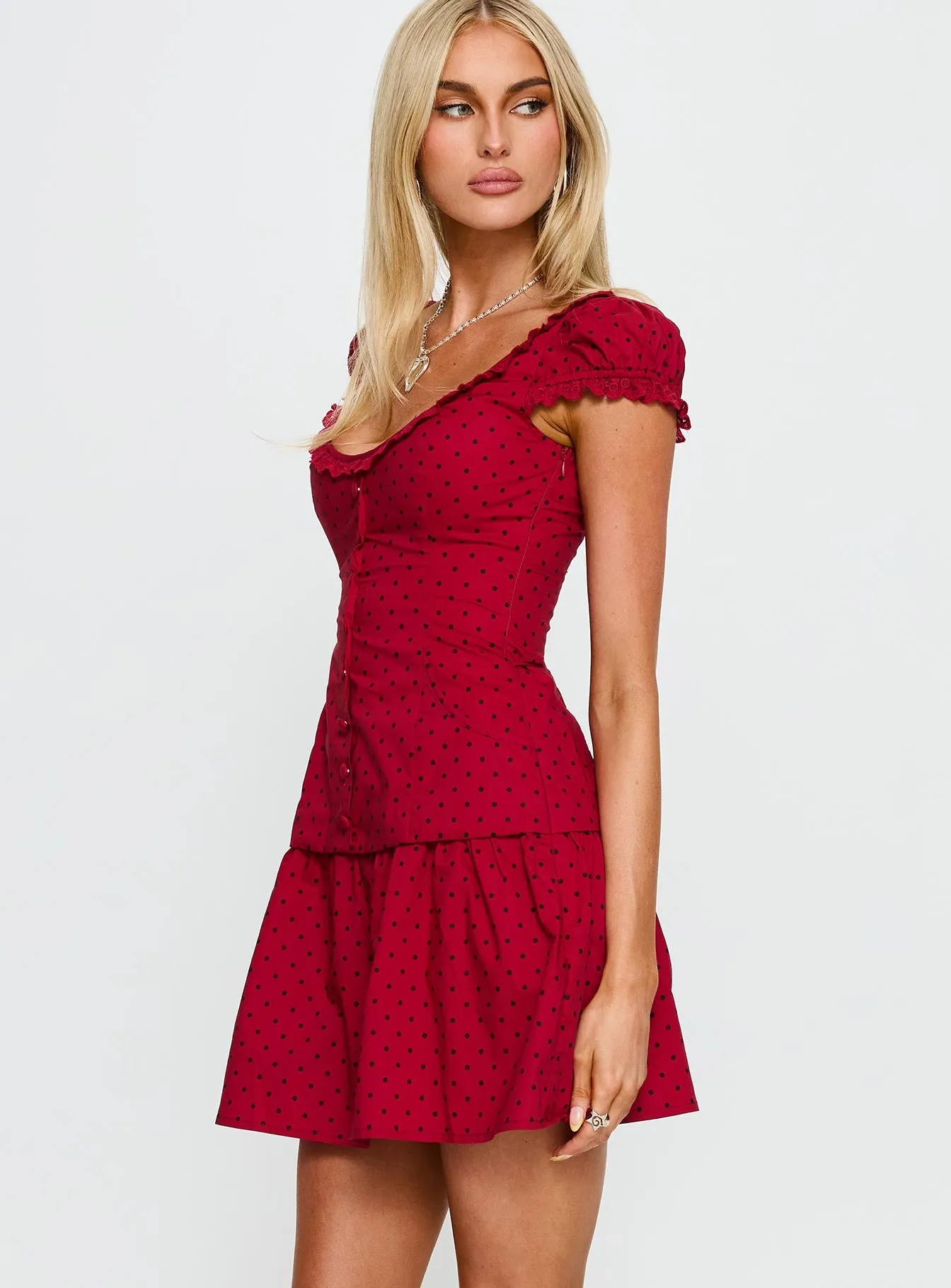 Ottillie Lace Trim Button Down Mini Dress Red Polka Dot sold by Princess Polly product image thumbnail 4
