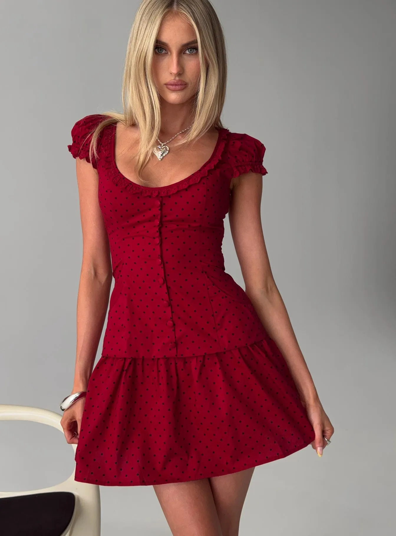 Ottillie Lace Trim Button Down Mini Dress Red Polka Dot sold by Princess Polly