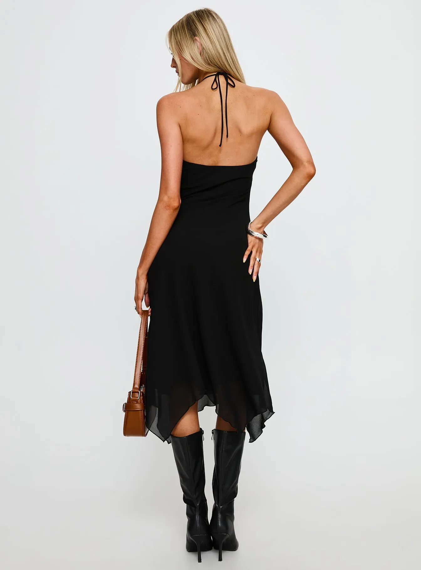 Naila Halter Lace Trim Midi Dress Black sold by Princess Polly product image thumbnail 5