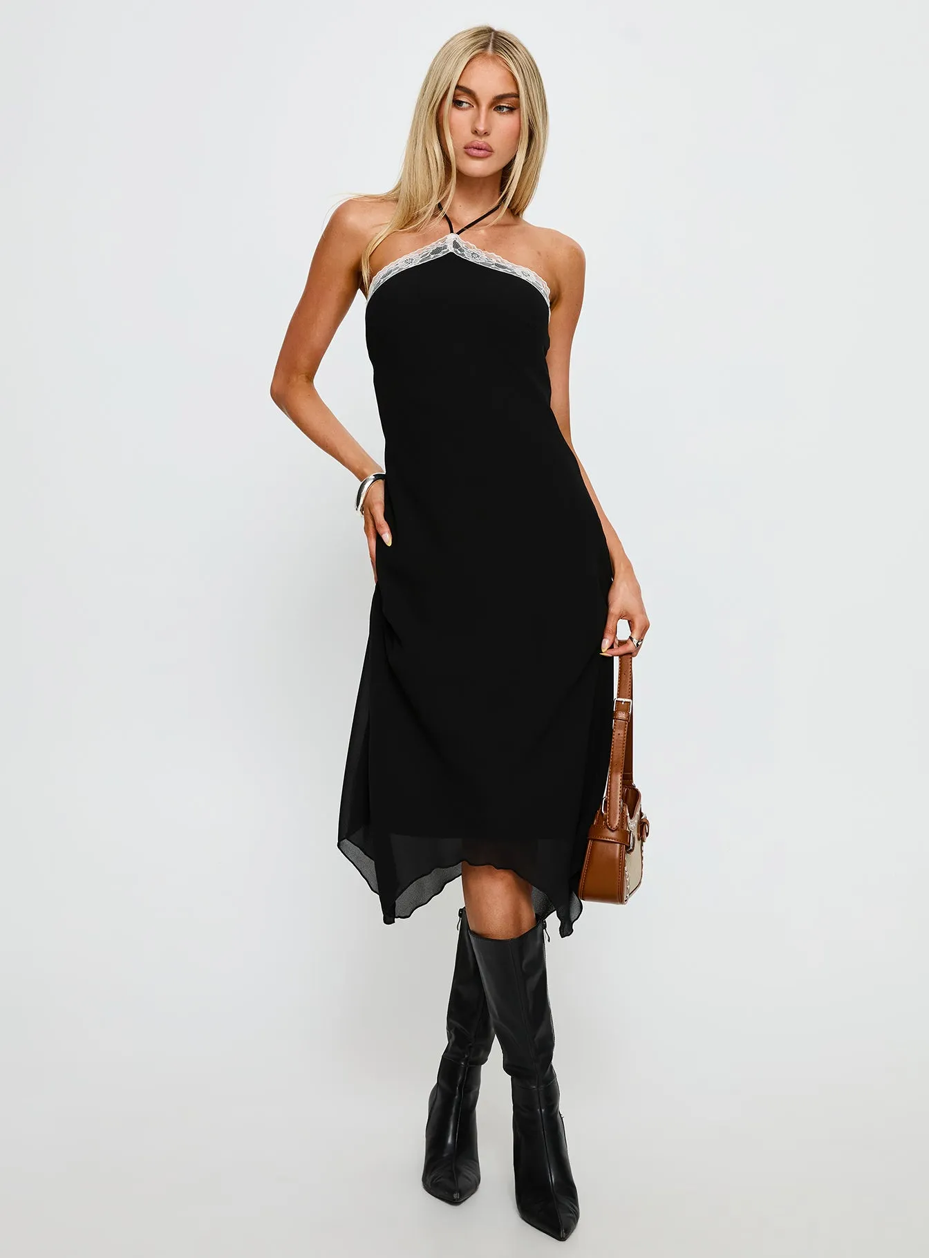 Naila Halter Lace Trim Midi Dress Black sold by Princess Polly product image thumbnail 2