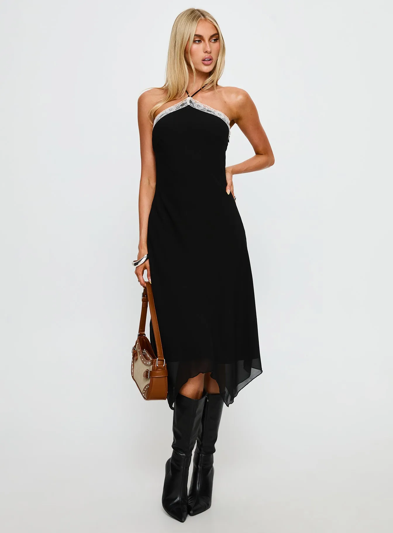 Naila Halter Lace Trim Midi Dress Black sold by Princess Polly product image thumbnail 3