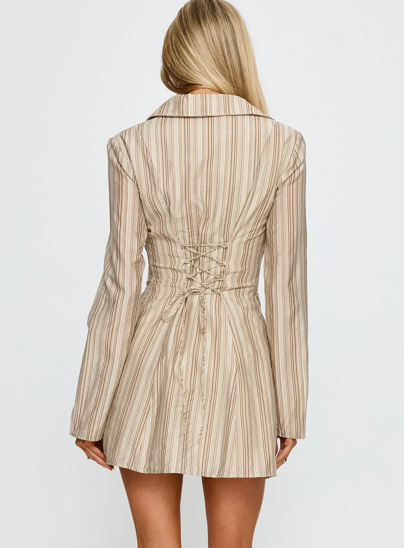 In Your Arms Long Sleeve Tie Back Mini Dress Brown Stripe sold by Princess Polly product image thumbnail 5