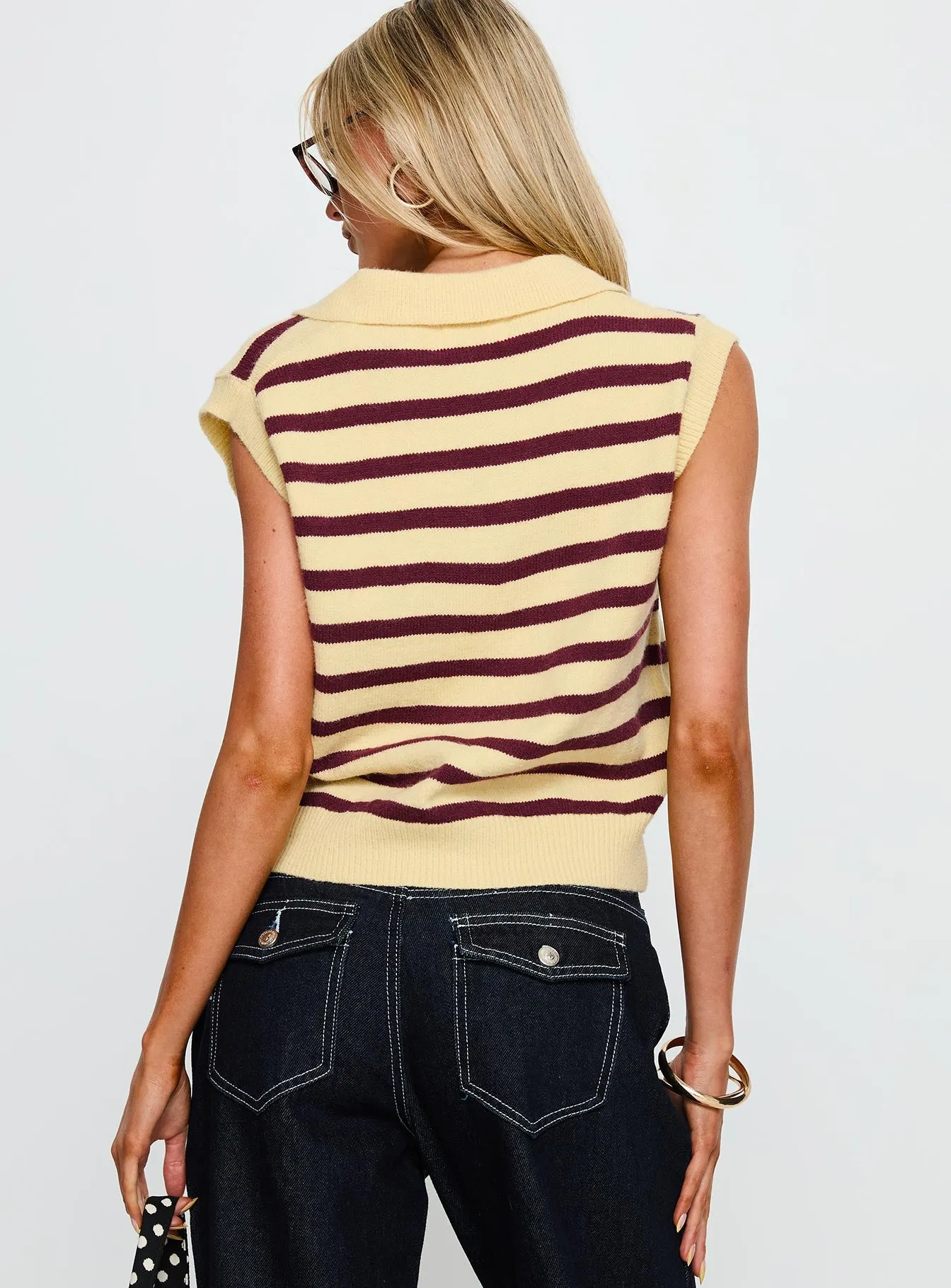 Yuliya Collared Sleeveless Top Lemon / Burgundy Stripe sold by Princess Polly product image thumbnail 5