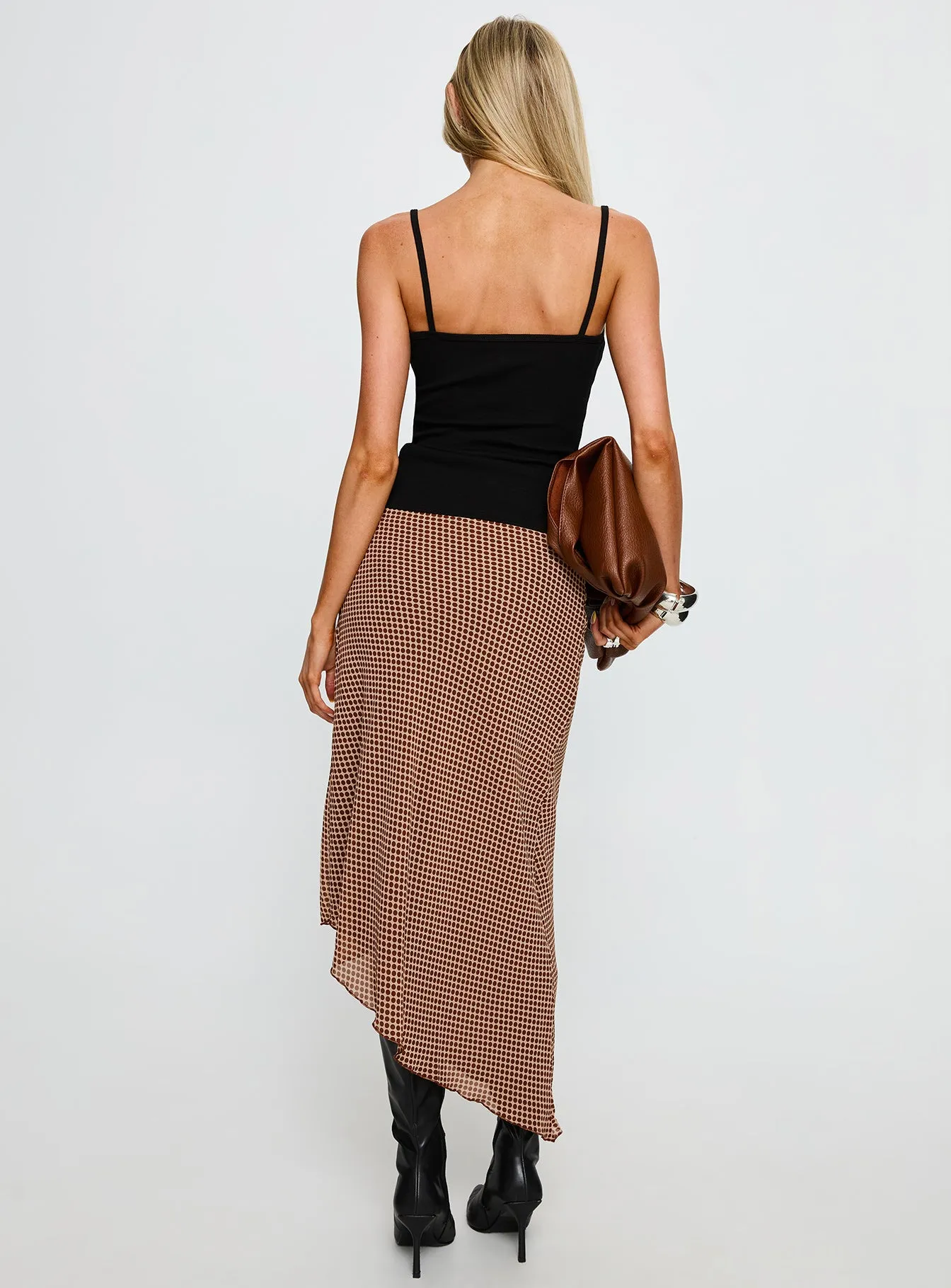 Suella Asymmetrical Midi Skirt Brown Polka Dot sold by Princess Polly product image thumbnail 5