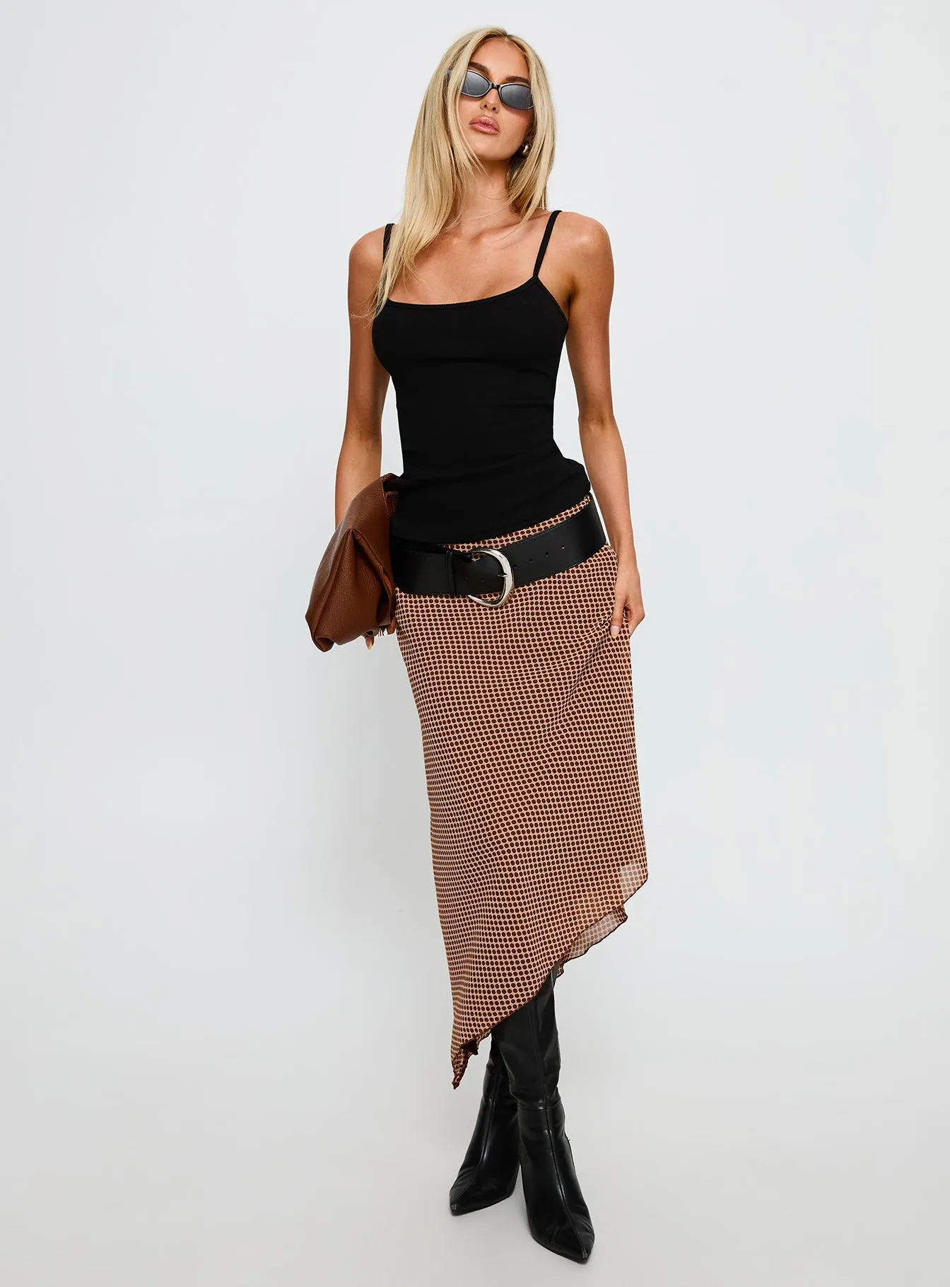 Suella Asymmetrical Midi Skirt Brown Polka Dot sold by Princess Polly product image thumbnail 2