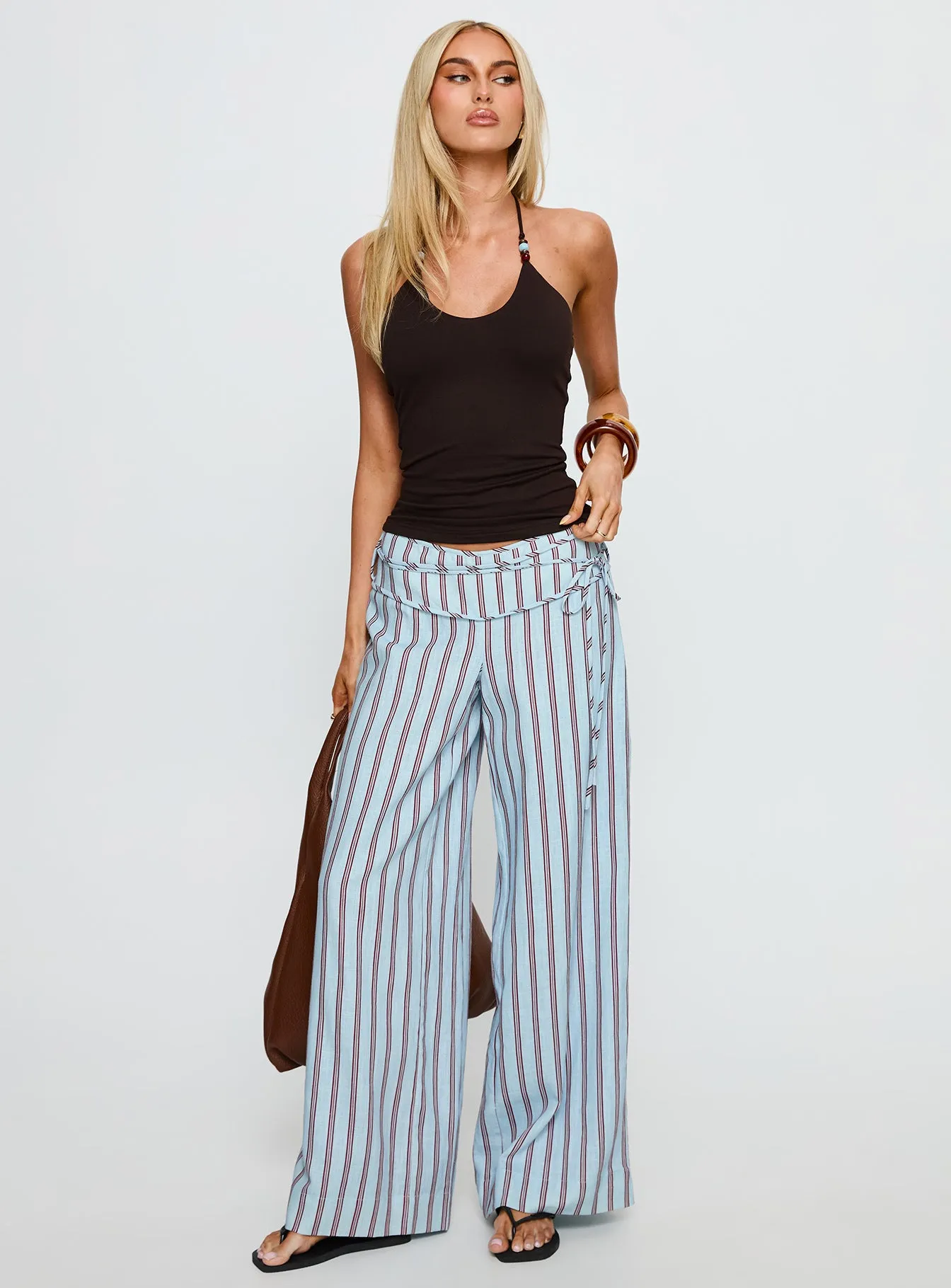 Silver Moon Linen Blend Tie Pants Blue / Maroon Stripe sold by Princess Polly product image thumbnail 3