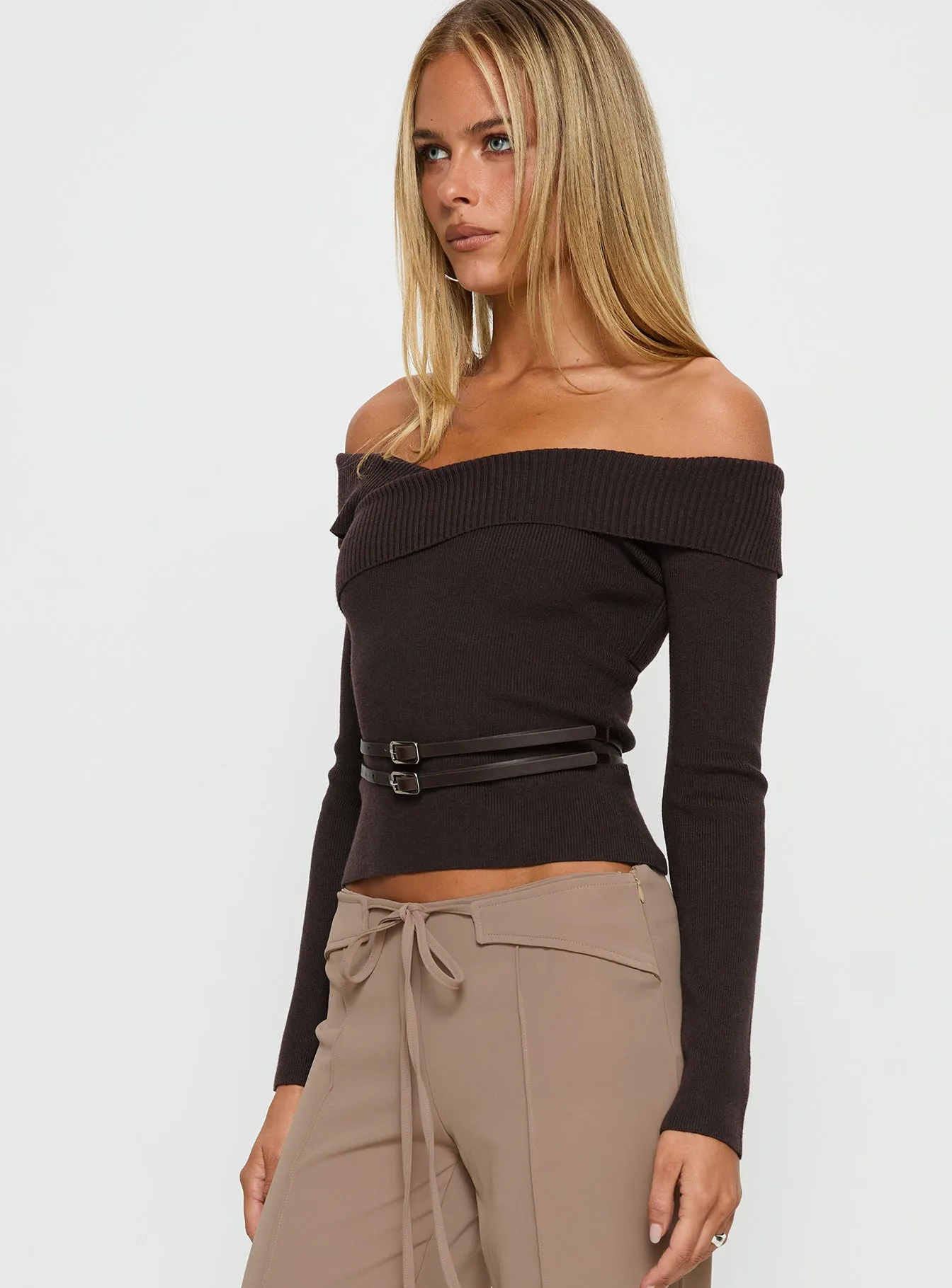 Ellenore Belt Detail Off Shoulder Top Brown sold by Princess Polly product image thumbnail 4
