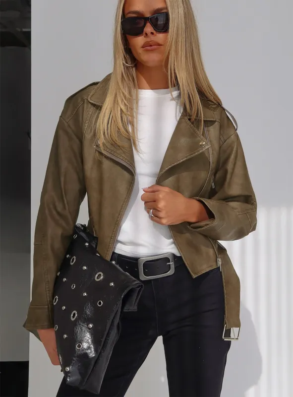 Talisha Faux Leather Biker Jacket Brown sold by Princess Polly
