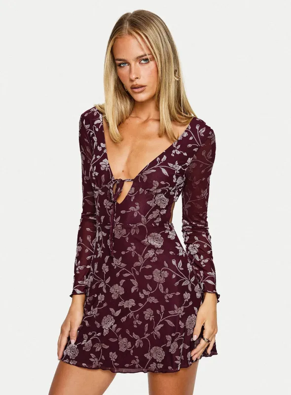 Raylena Long Sleeve V-neck Mini Dress Burgundy Floral sold by Princess Polly