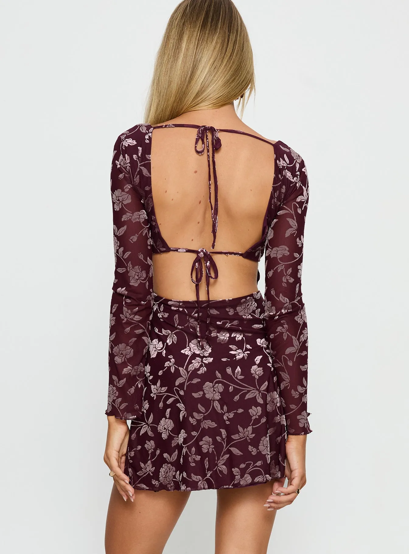 Raylena Long Sleeve V-neck Mini Dress Burgundy Floral sold by Princess Polly product image thumbnail 5
