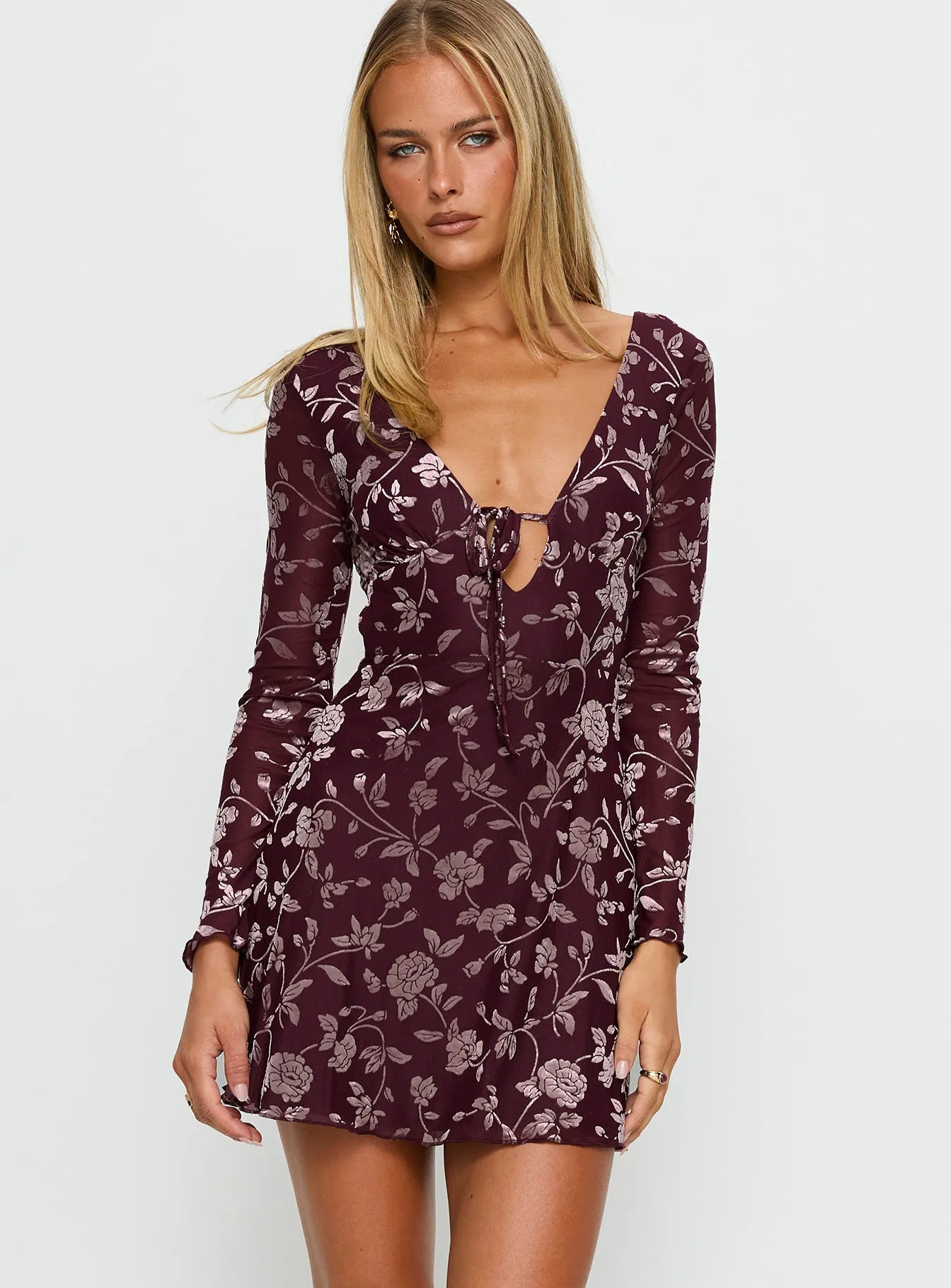 Raylena Long Sleeve V-neck Mini Dress Burgundy Floral sold by Princess Polly product image thumbnail 2