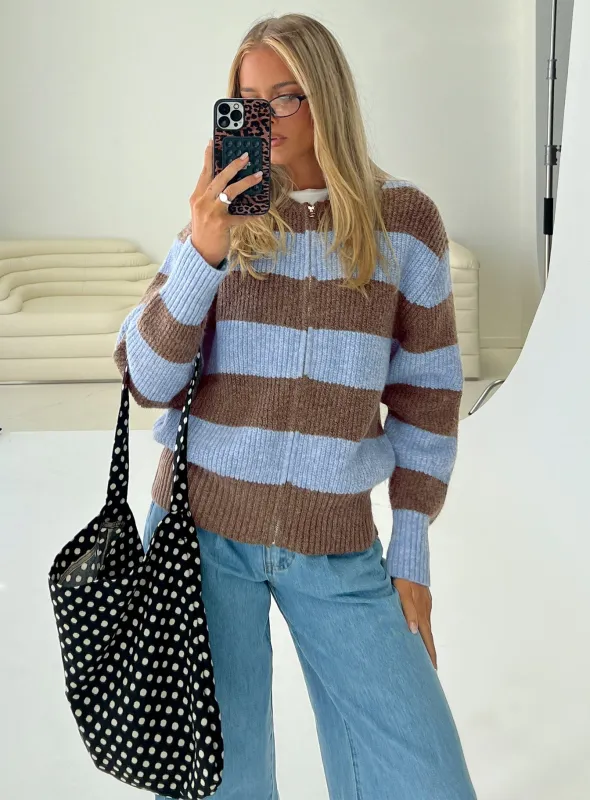 Queena Zip Through Knit Sweater Blue Stripe sold by Princess Polly