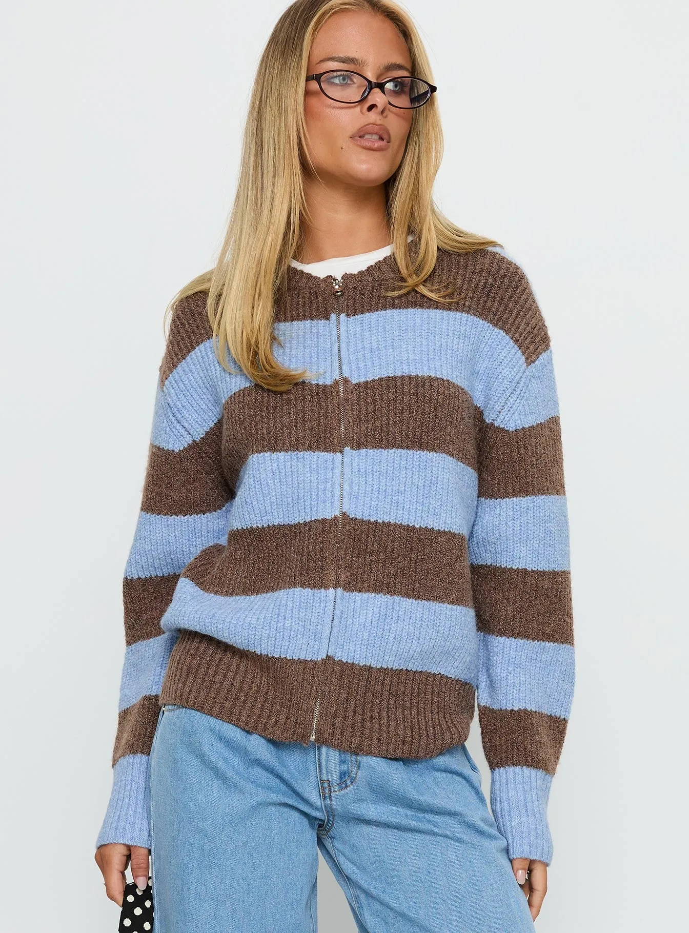 Queena Zip Through Knit Sweater Blue Stripe sold by Princess Polly product image thumbnail 2