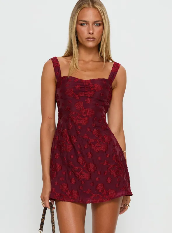 Mcbeath Mini Dress Burgundy Burnout sold by Princess Polly