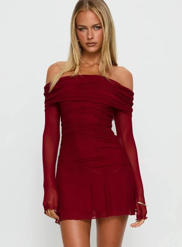 Koki Long Sleeve Off Shoulder Mini Dress Red sold by Princess Polly