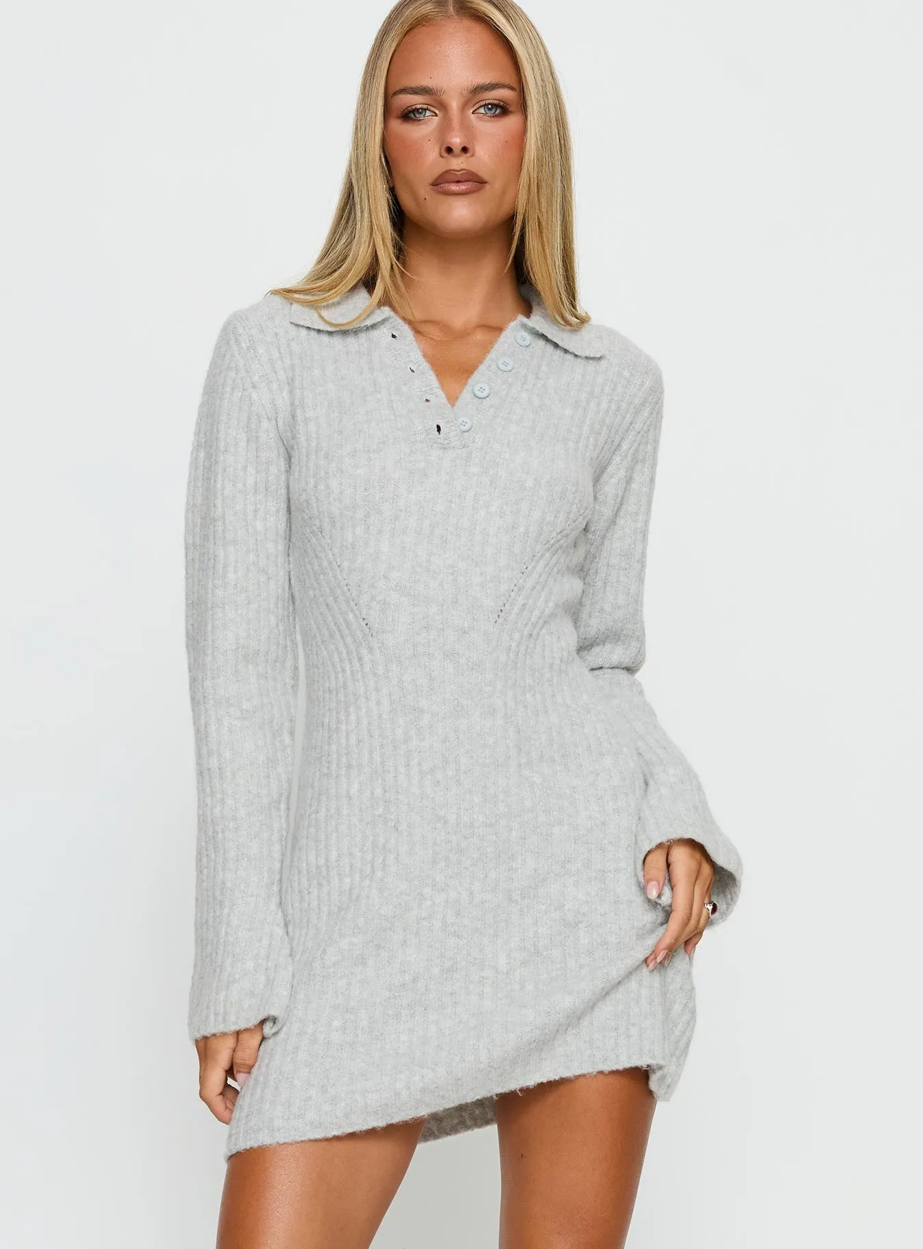Naloma Knit Long Sleeve Mini Dress Grey Marle sold by Princess Polly