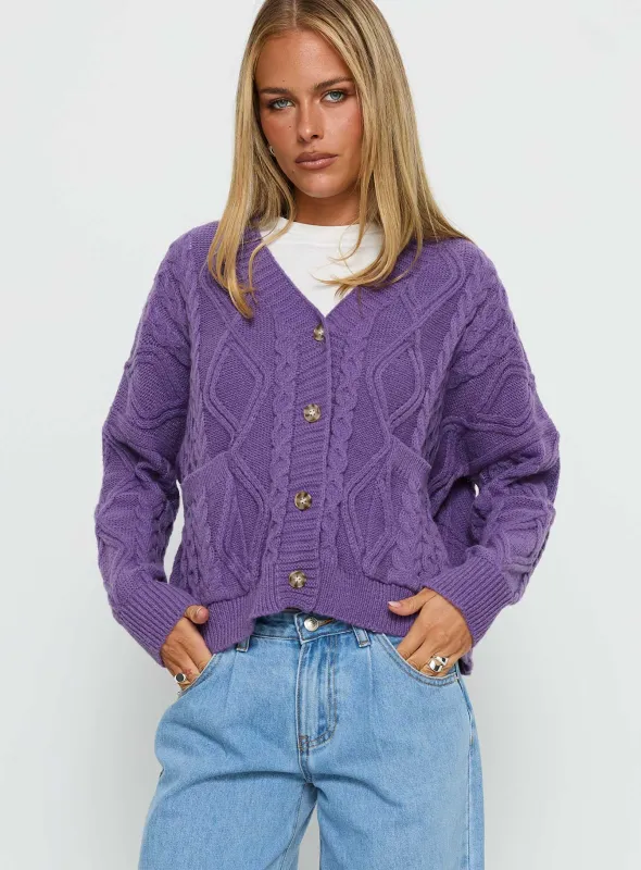 Dillian Cable Knit Cardigan Purple sold by Princess Polly