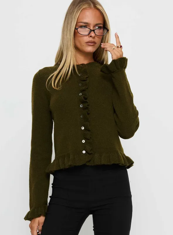 Inclination Frill Cardigan Moss sold by Princess Polly