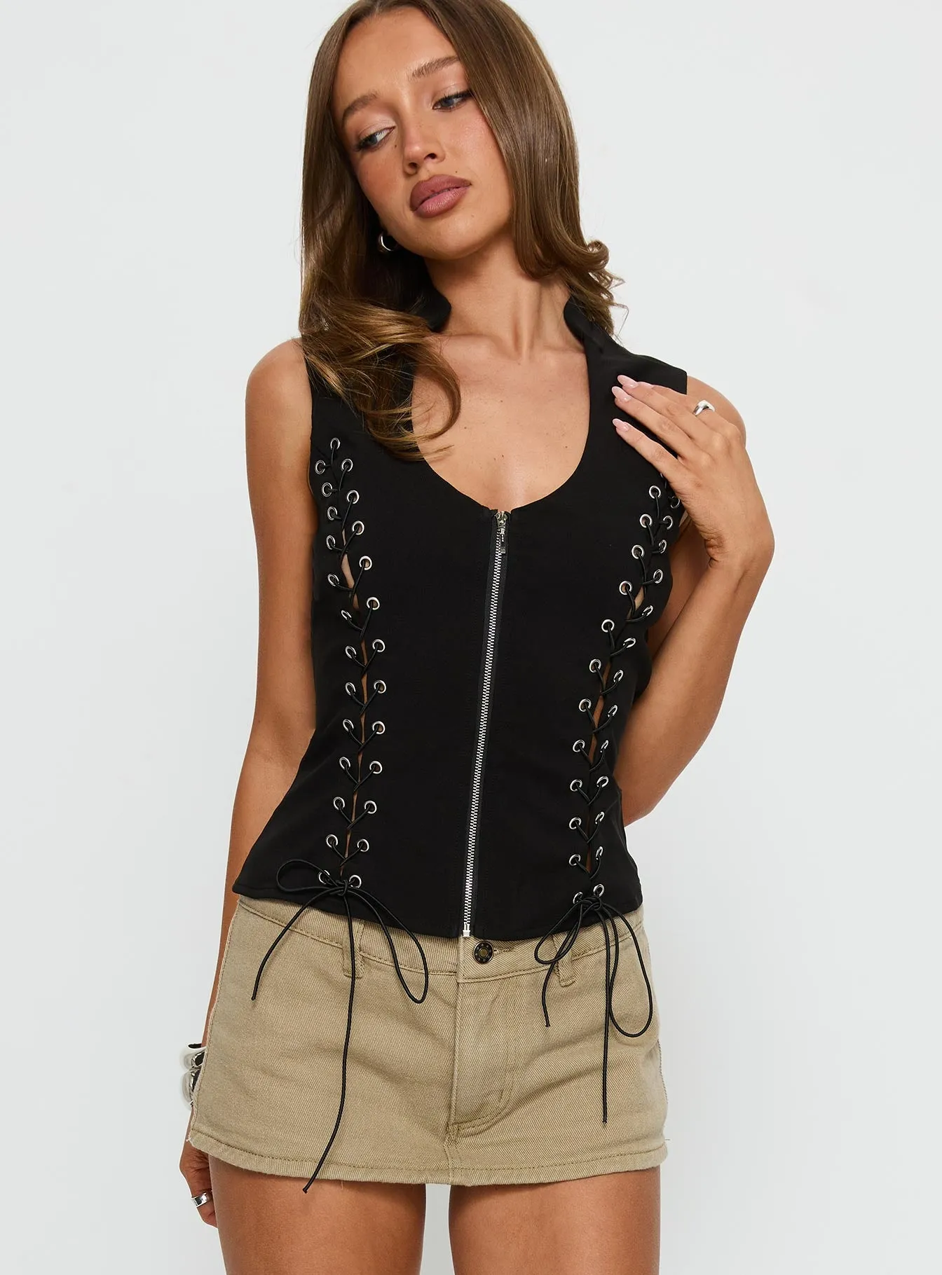 Amry Lace Up Sleeveless Top Black sold by Princess Polly product image thumbnail 2