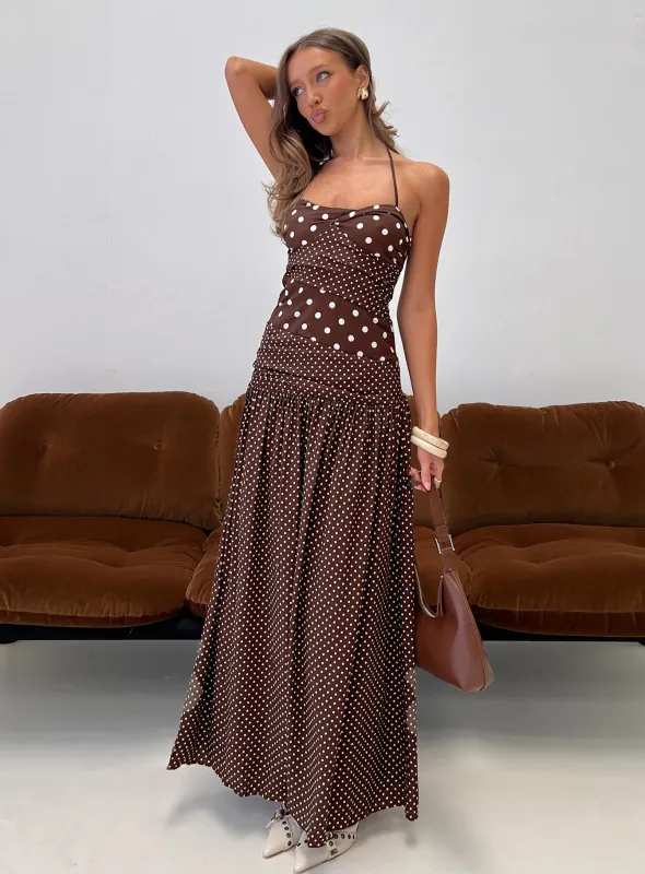 Marguerite Halter Maxi Dress Brown Polka Dot sold by Princess Polly