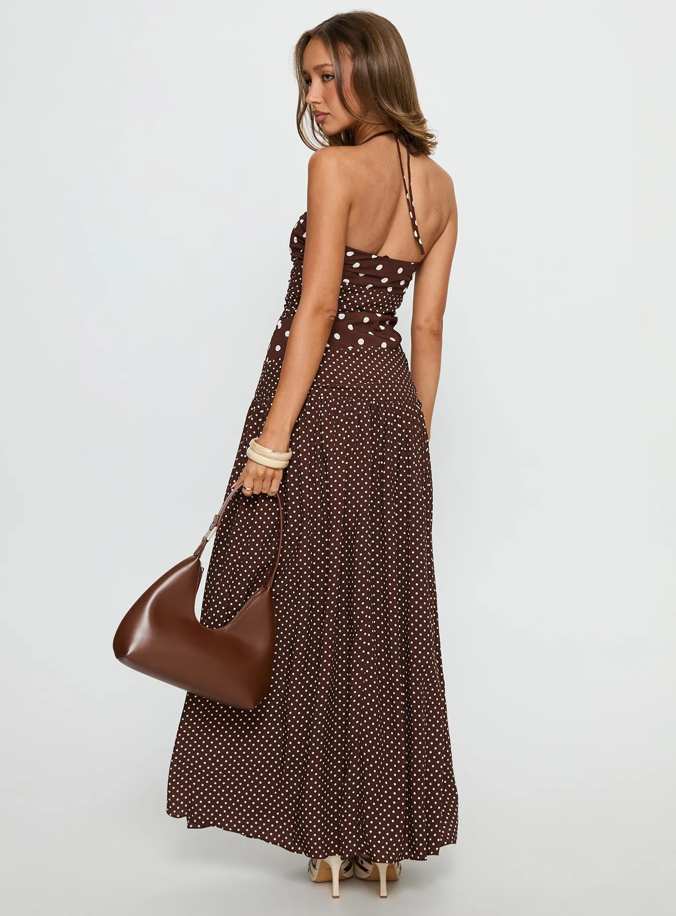Marguerite Halter Maxi Dress Brown Polka Dot sold by Princess Polly product image thumbnail 5