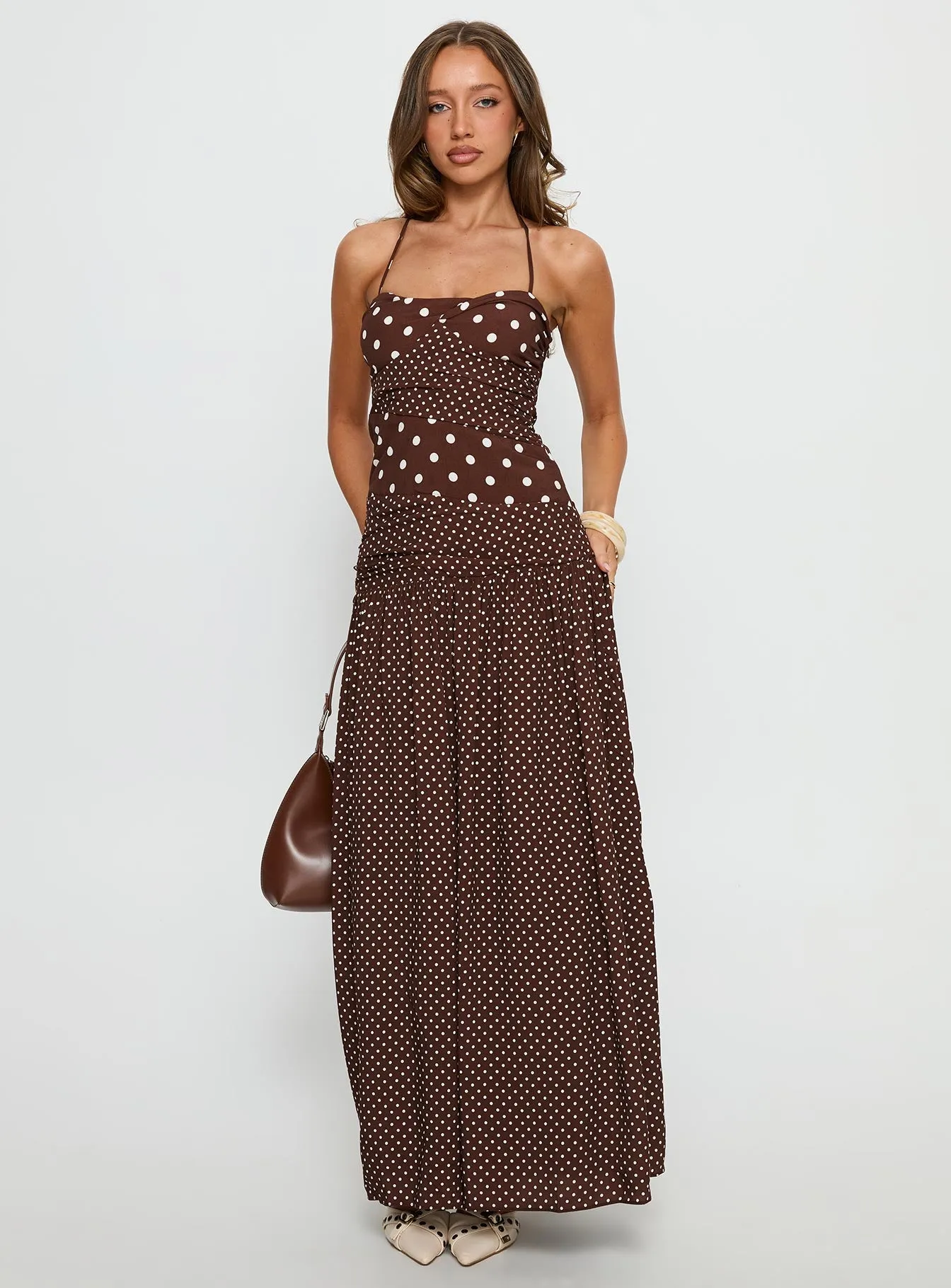 Marguerite Halter Maxi Dress Brown Polka Dot sold by Princess Polly product image thumbnail 2