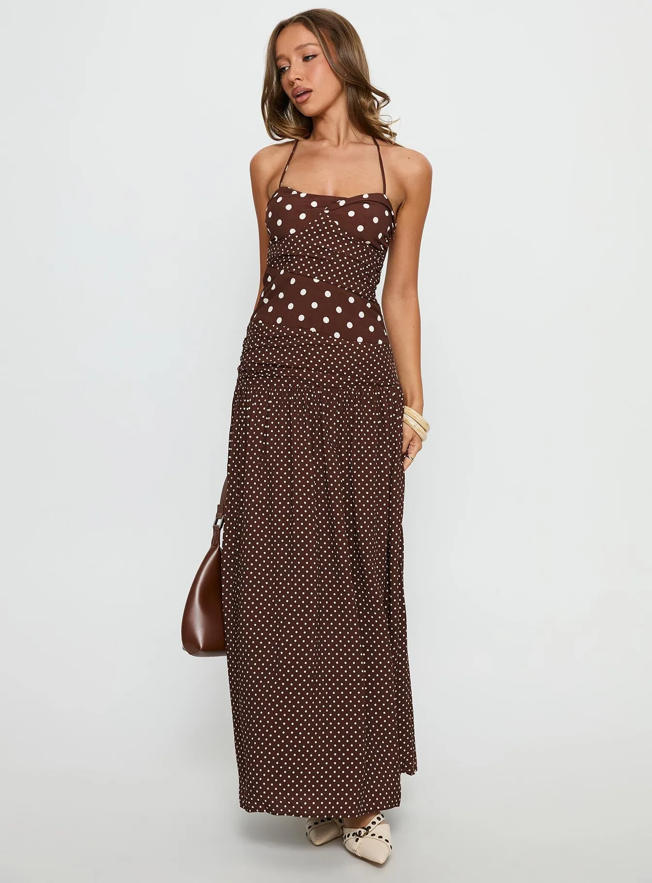 Marguerite Halter Maxi Dress Brown Polka Dot sold by Princess Polly product image thumbnail 3