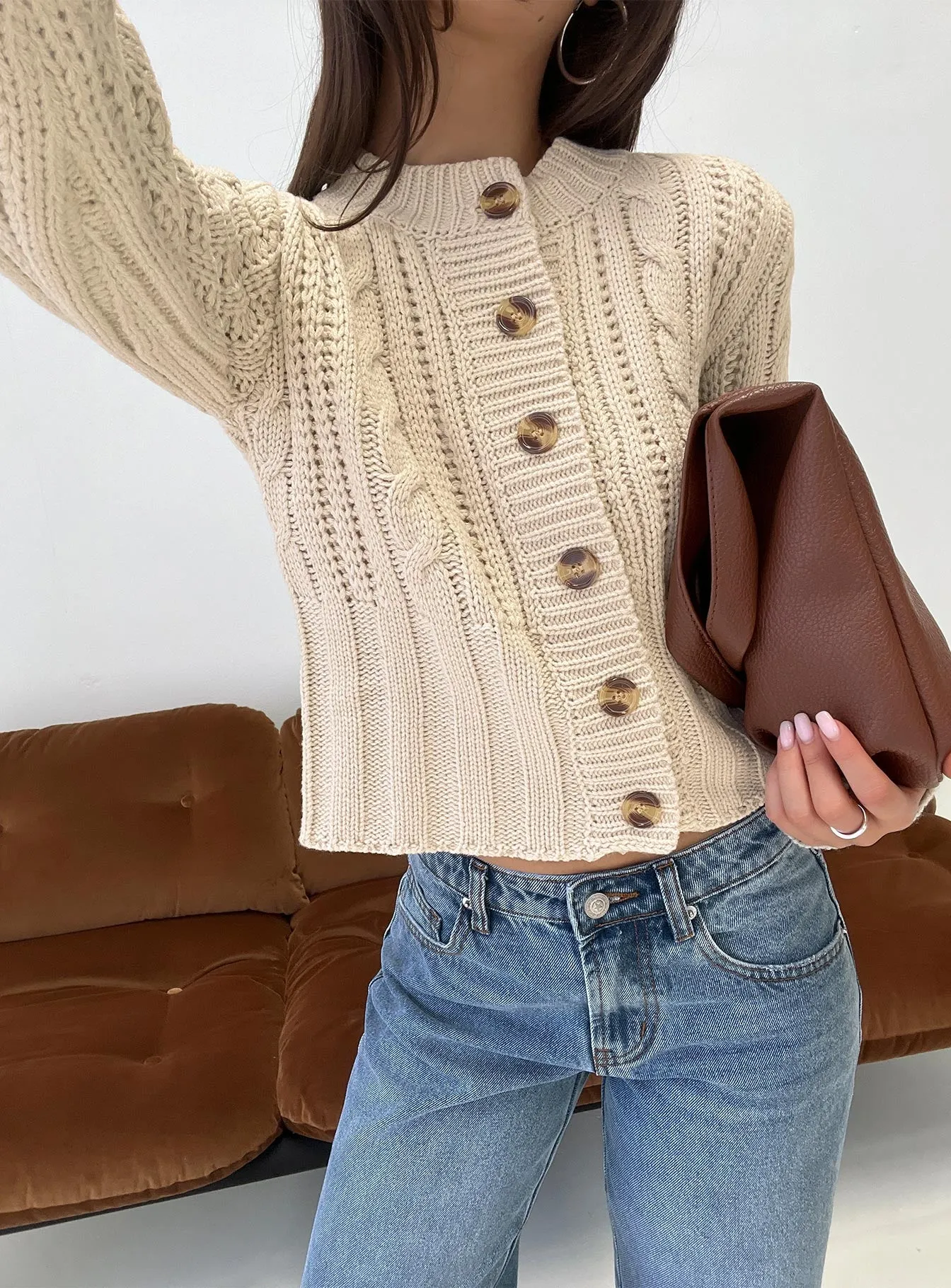 Donielle Cable Knit Cardigan Beige sold by Princess Polly
