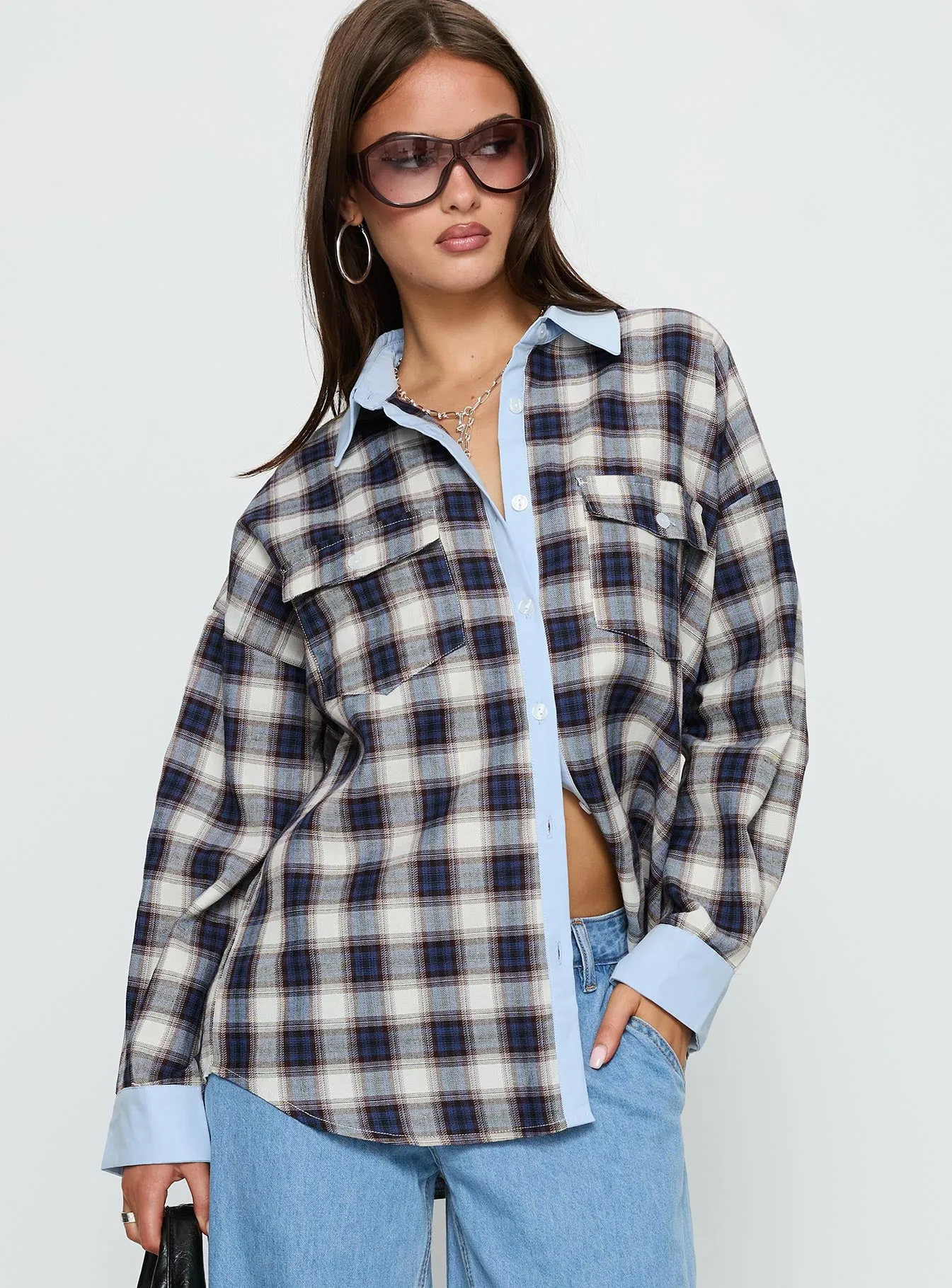 Walda Contrast Flannel Shirt Blue Check sold by Princess Polly product image thumbnail 2