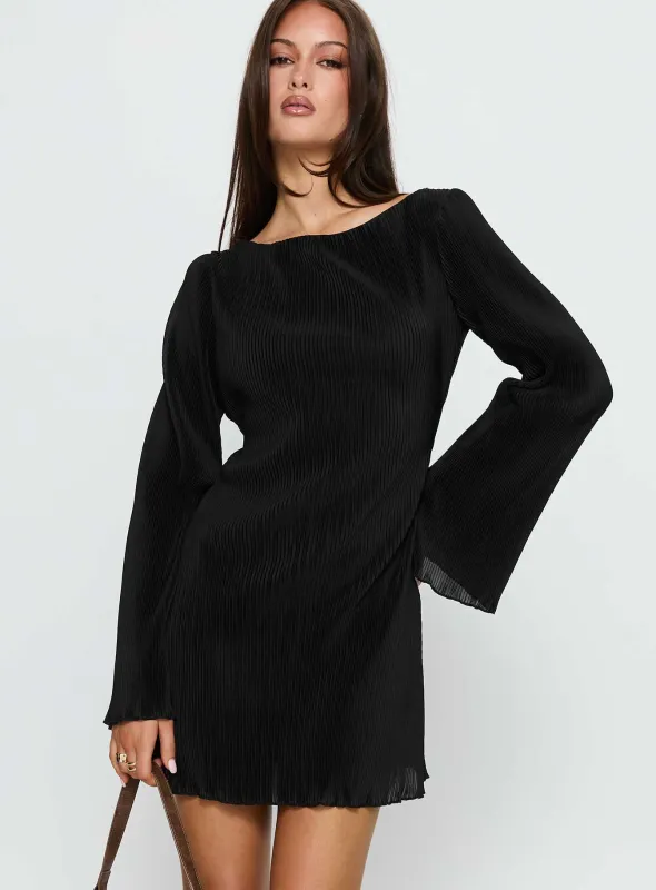 Lukea Long Sleeve Plisse Mini Dress Black sold by Princess Polly