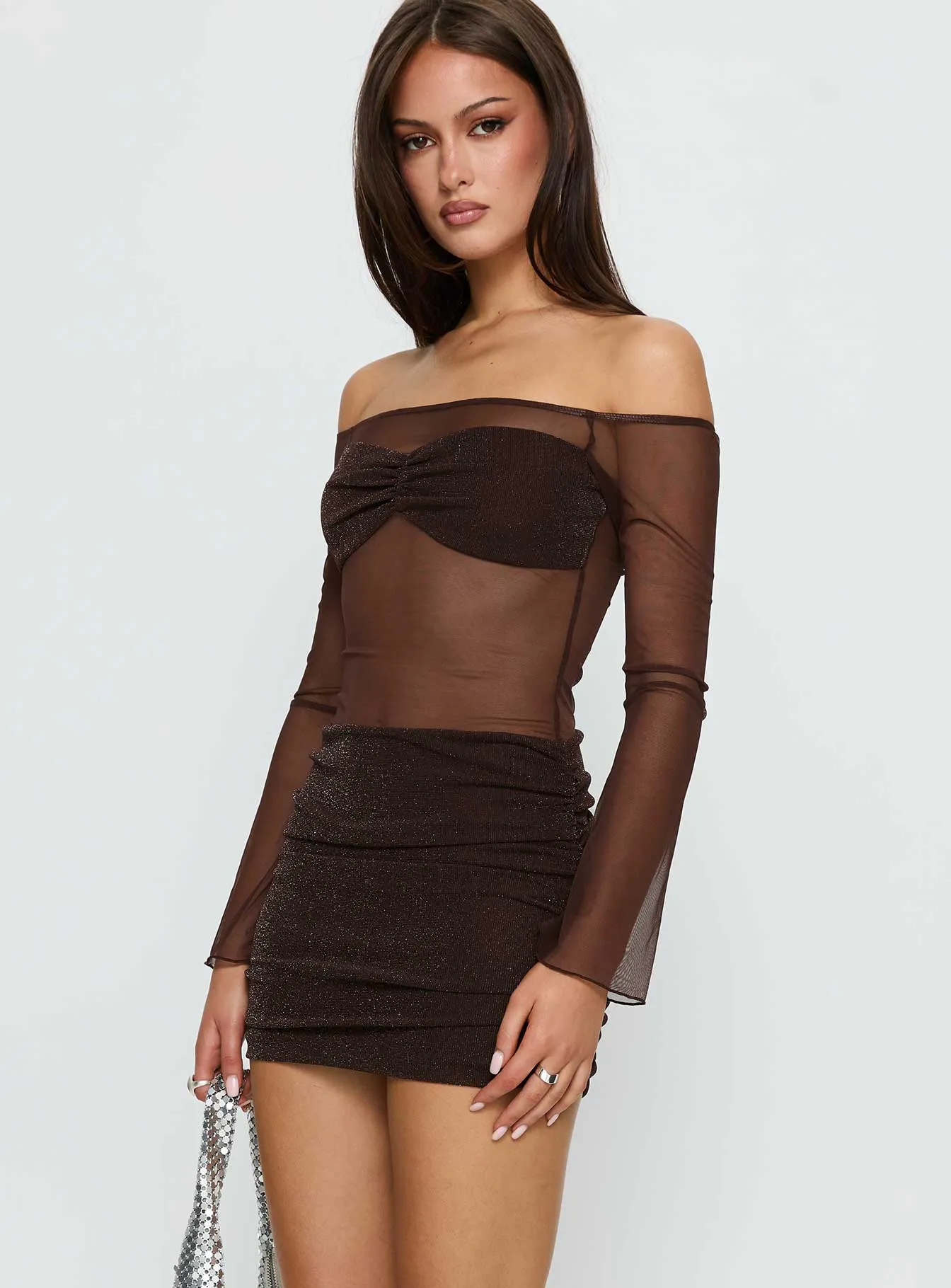 Briseida Mesh Long Sleeve Mini Dress Chocolate sold by Princess Polly product image thumbnail 3