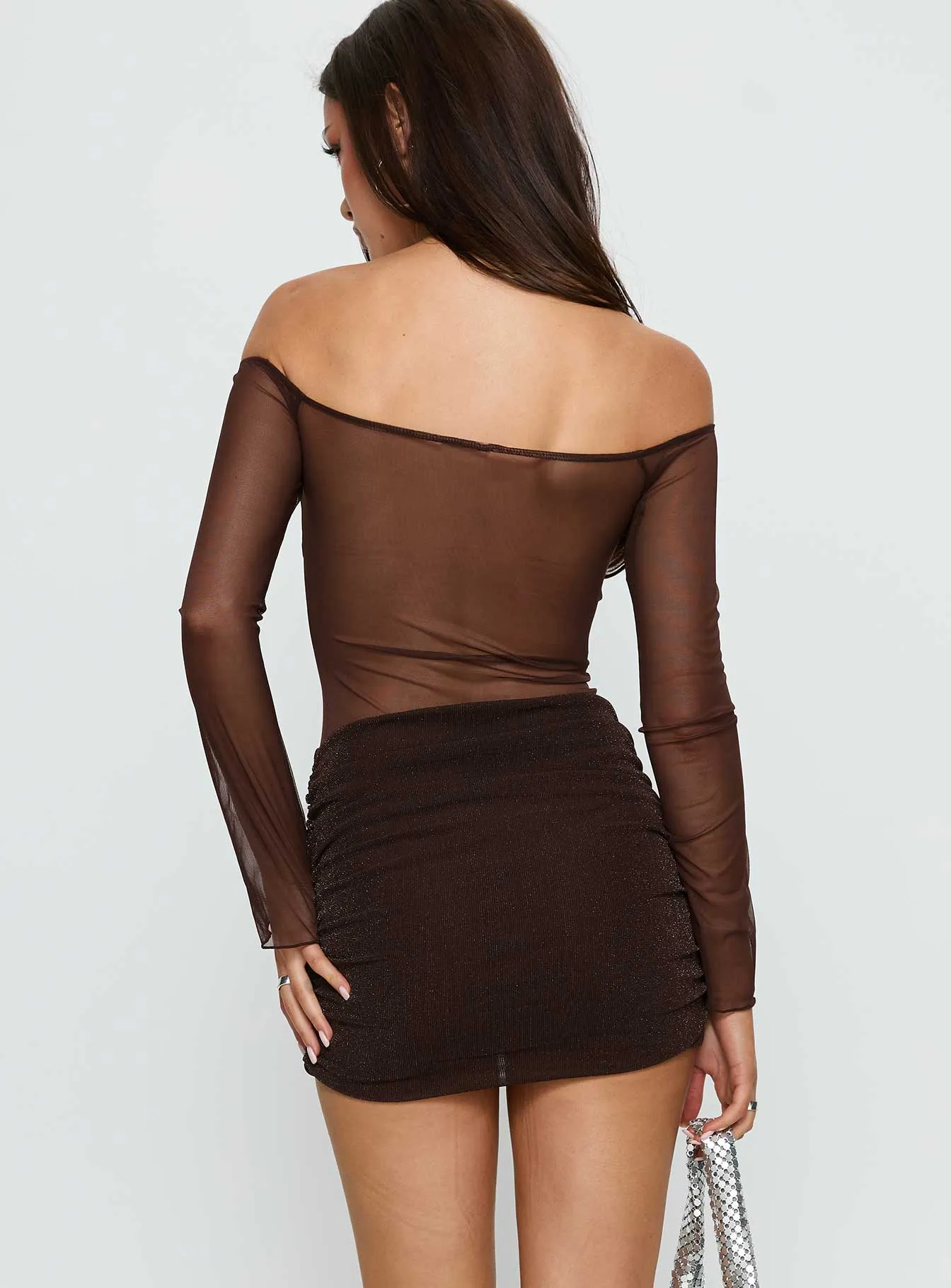 Briseida Mesh Long Sleeve Mini Dress Chocolate sold by Princess Polly product image thumbnail 4