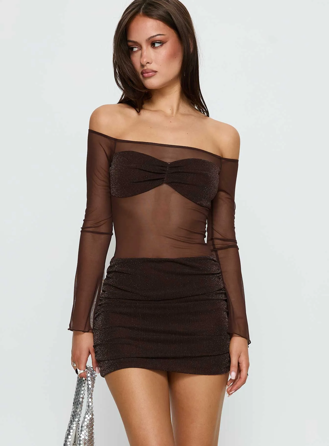 Briseida Mesh Long Sleeve Mini Dress Chocolate sold by Princess Polly