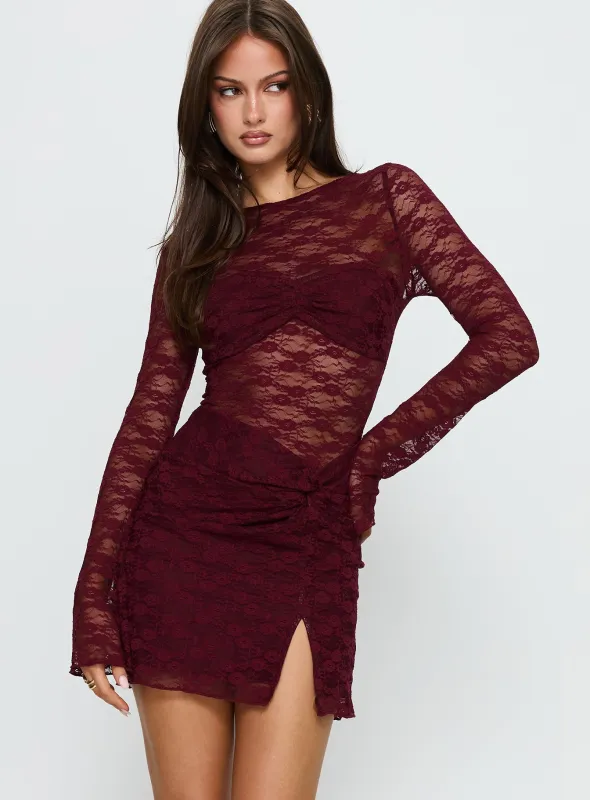 Best You Had Mesh Long Sleeve Mini Dress Burgundy sold by Princess Polly