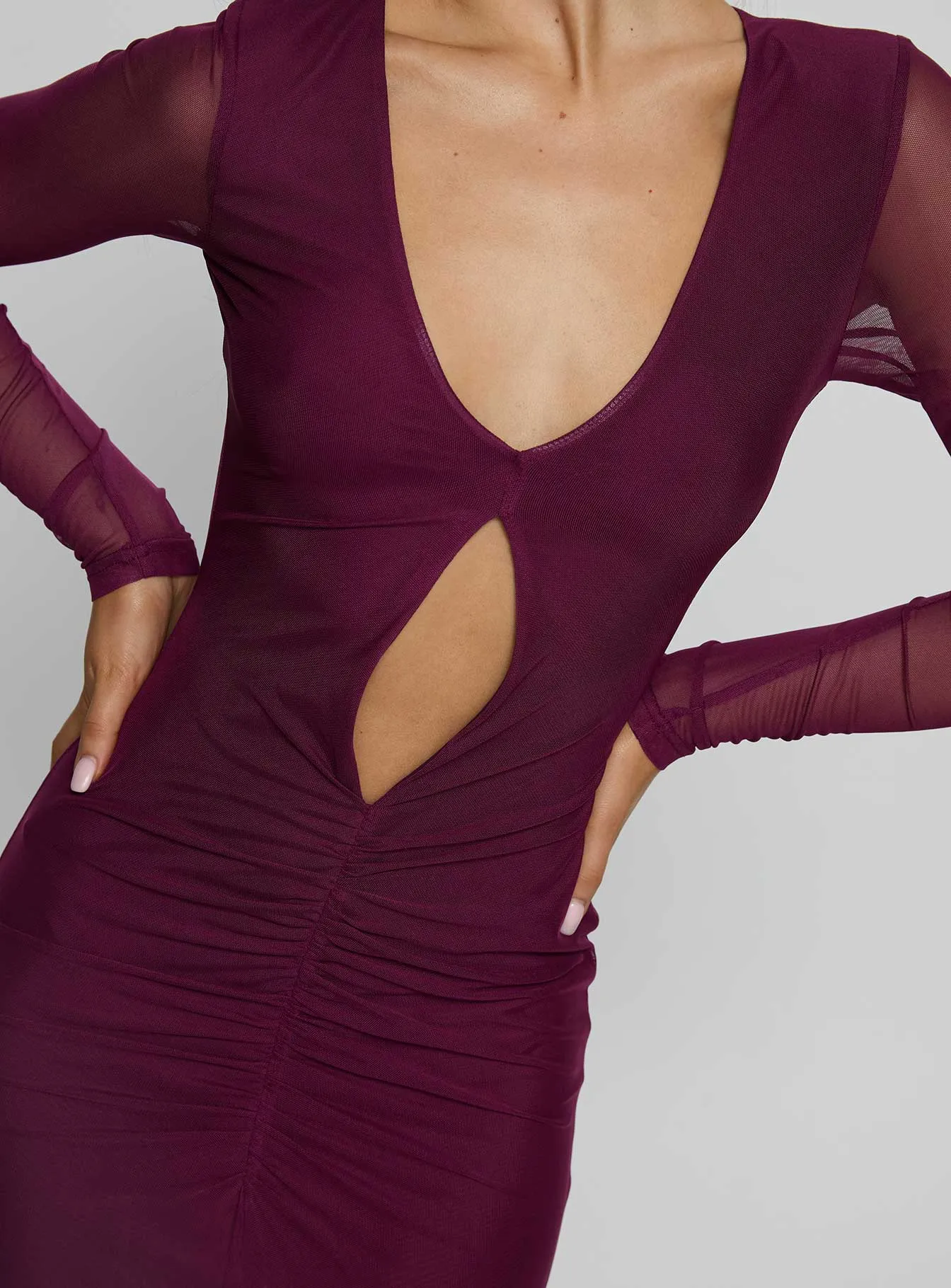 Darkside Long Sleeve Cut Out Plunge Maxi Dress Plum sold by Princess Polly product image thumbnail 5