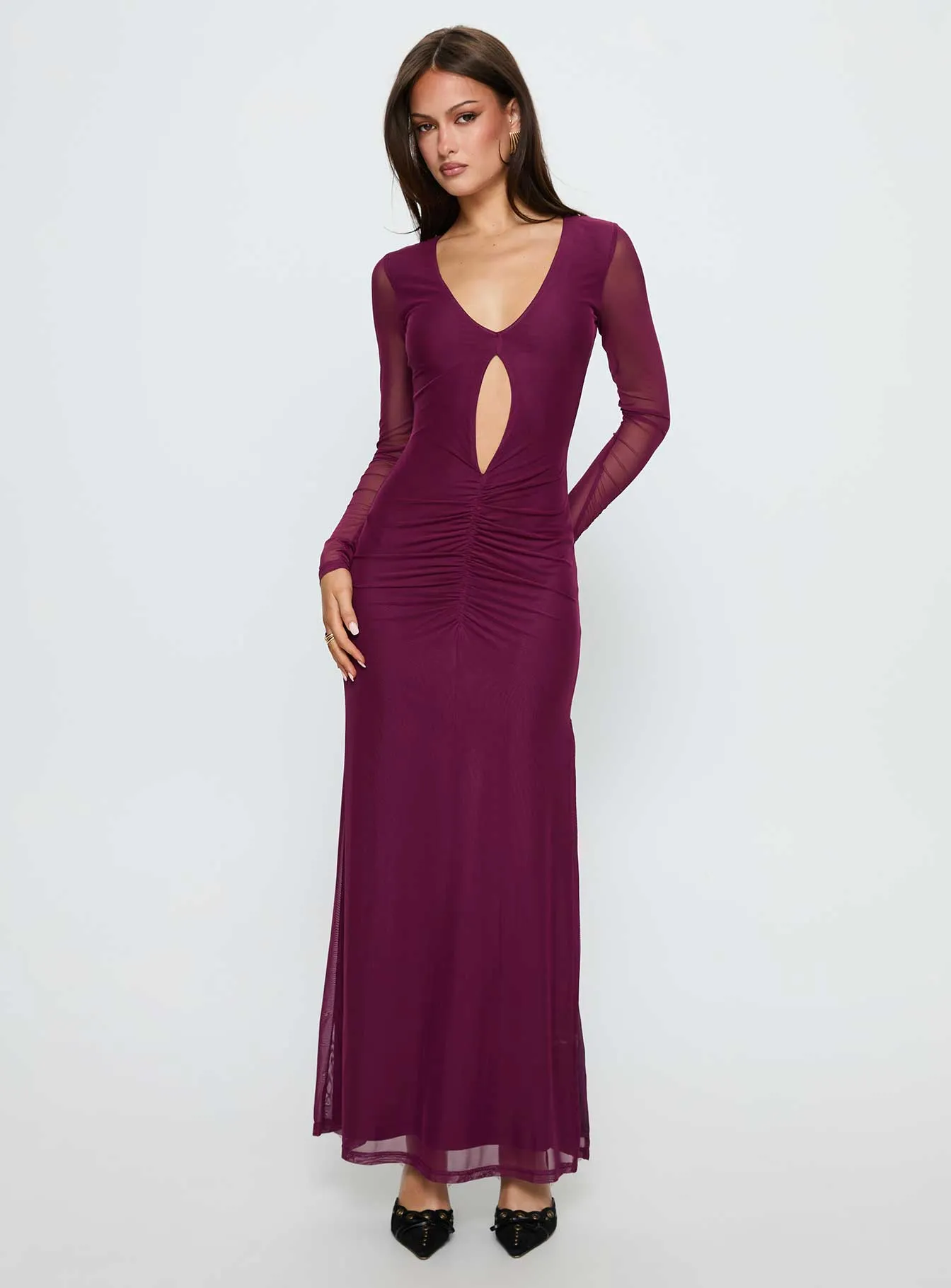 Darkside Long Sleeve Cut Out Plunge Maxi Dress Plum sold by Princess Polly product image thumbnail 2