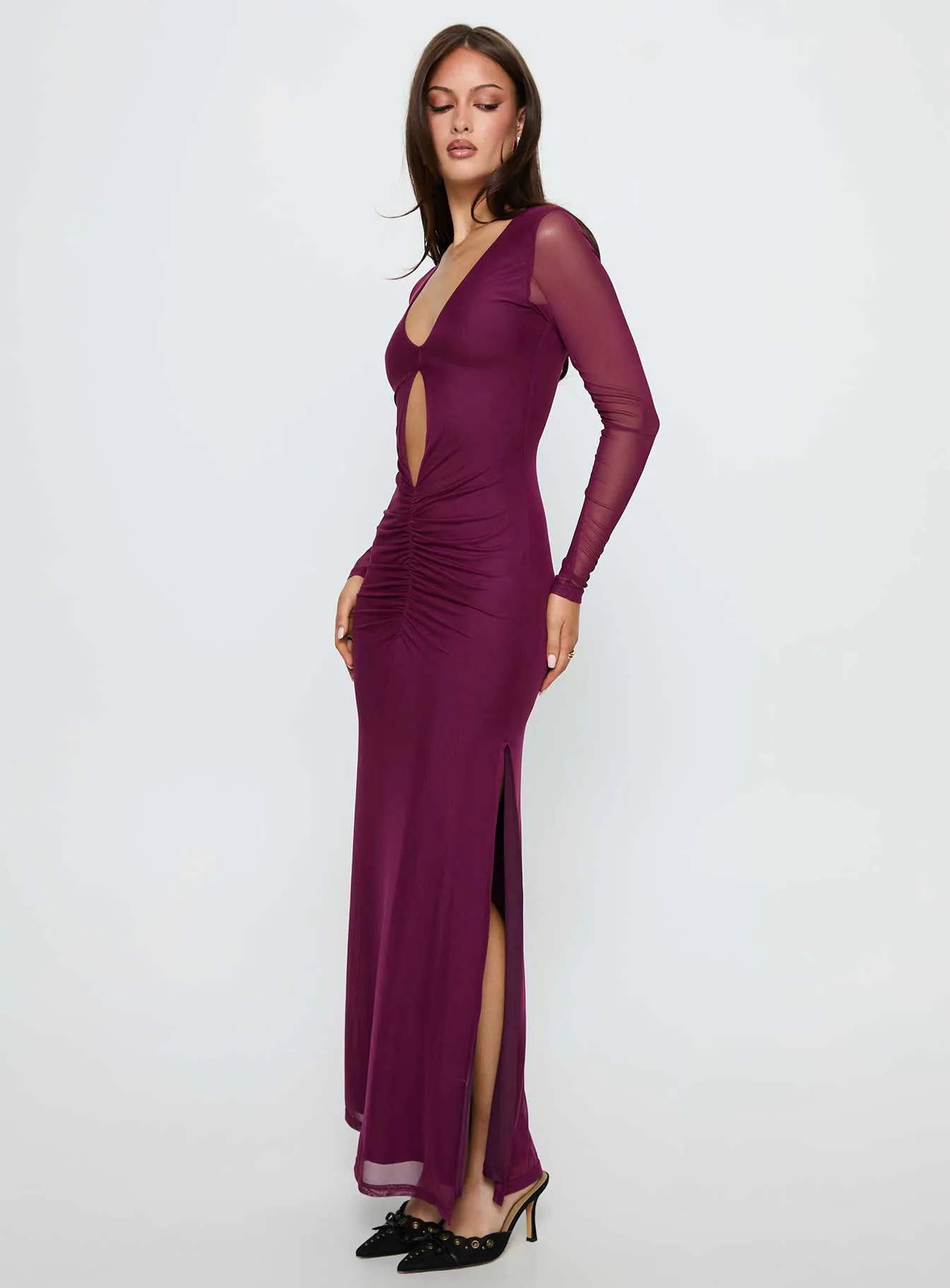 Darkside Long Sleeve Cut Out Plunge Maxi Dress Plum sold by Princess Polly product image thumbnail 3